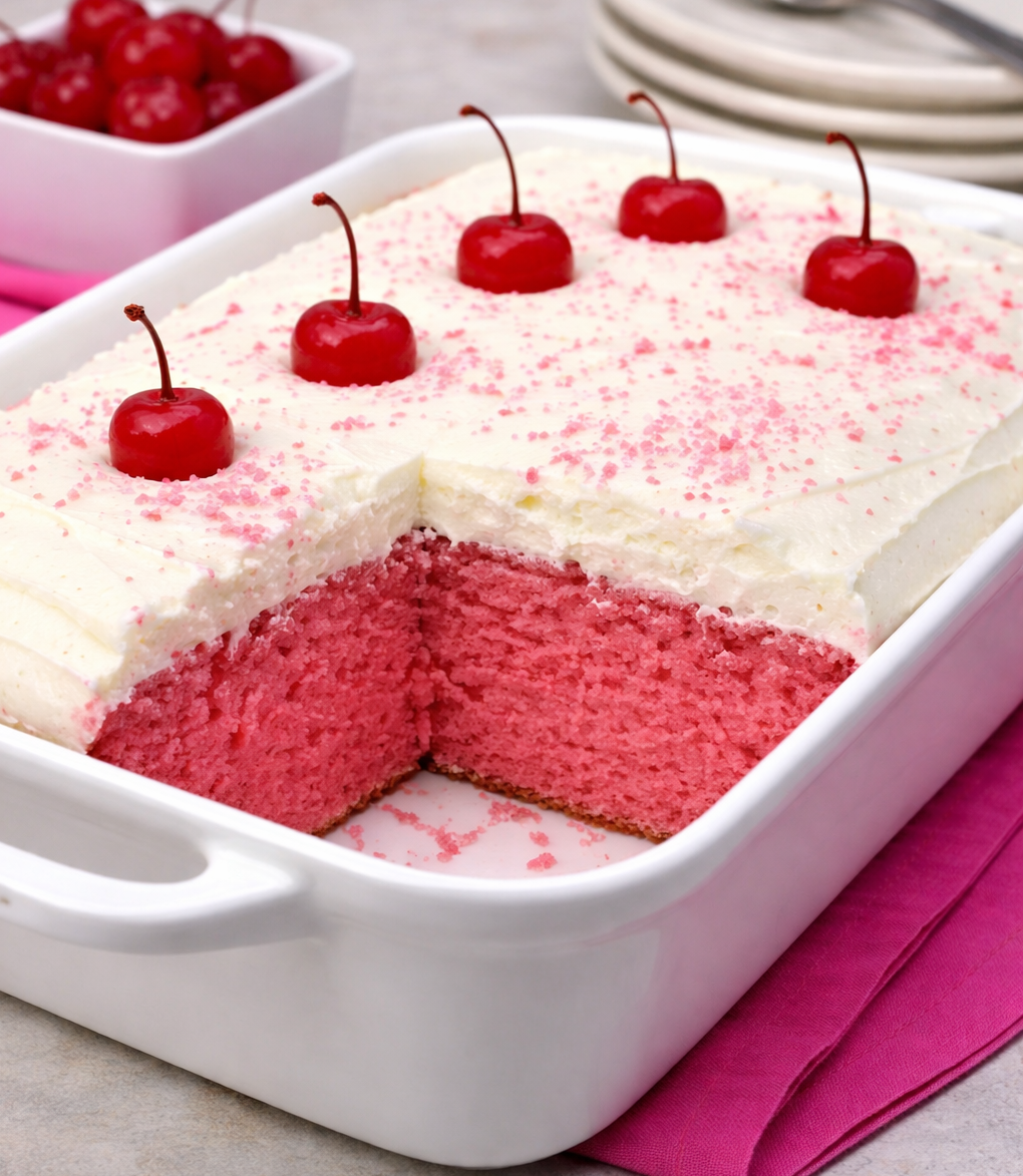 Very Cherry Cake with Vanilla Buttercream in a white baking dish with a slice removed