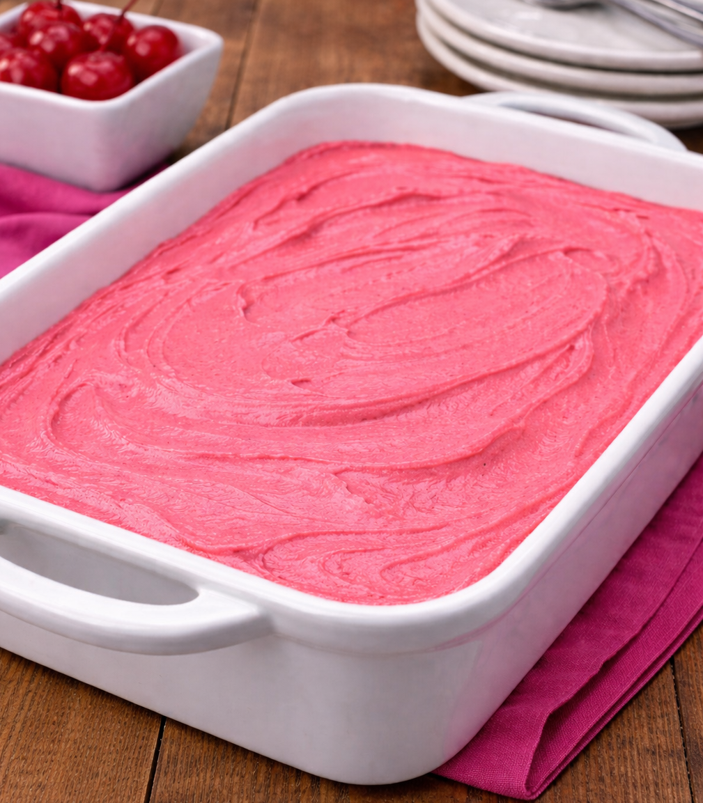 Very Cherry Cake unbaked in a white baking dish