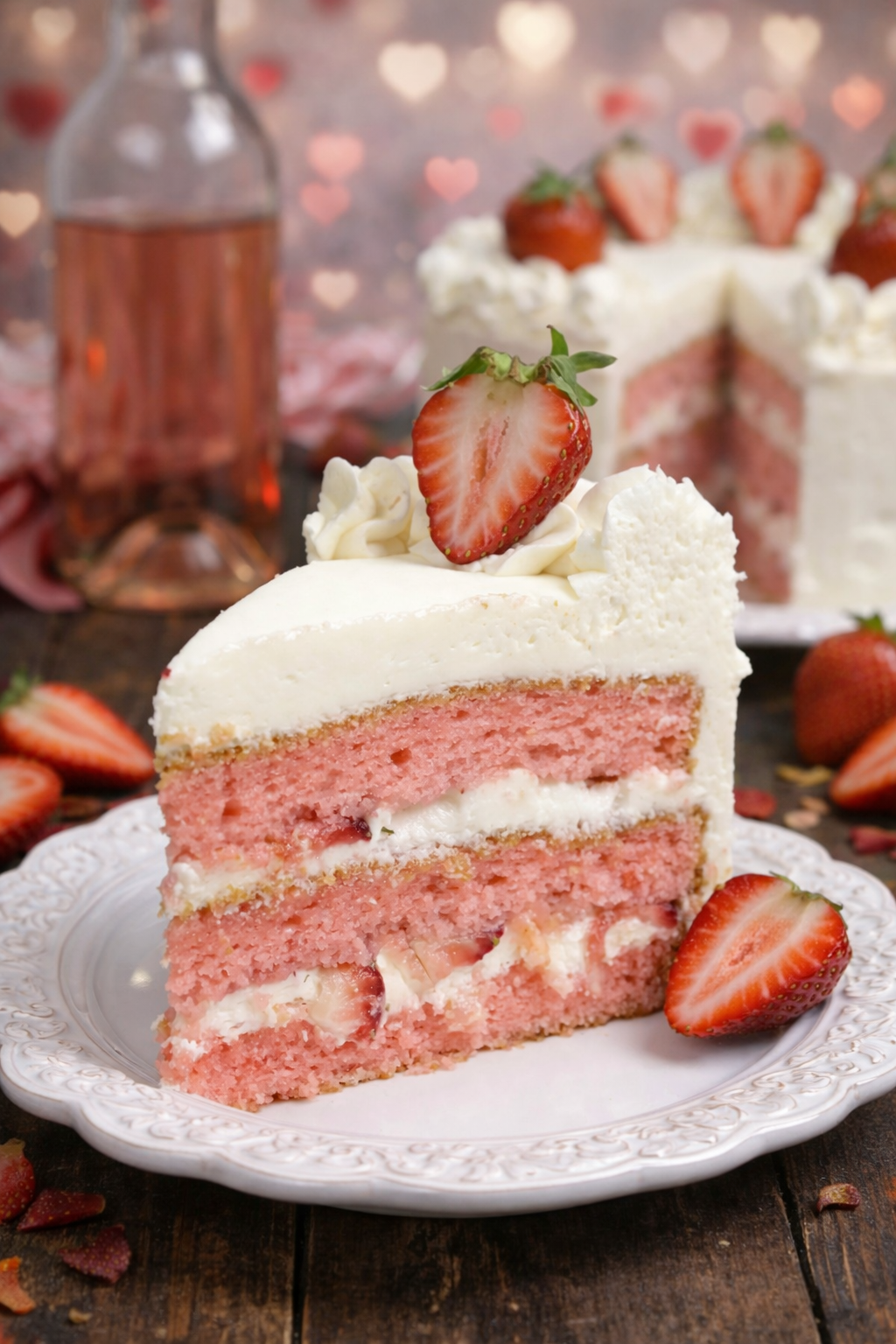 Strawberry Moscato Cake with Cream Cheese Buttercream Frosting on a white plate 