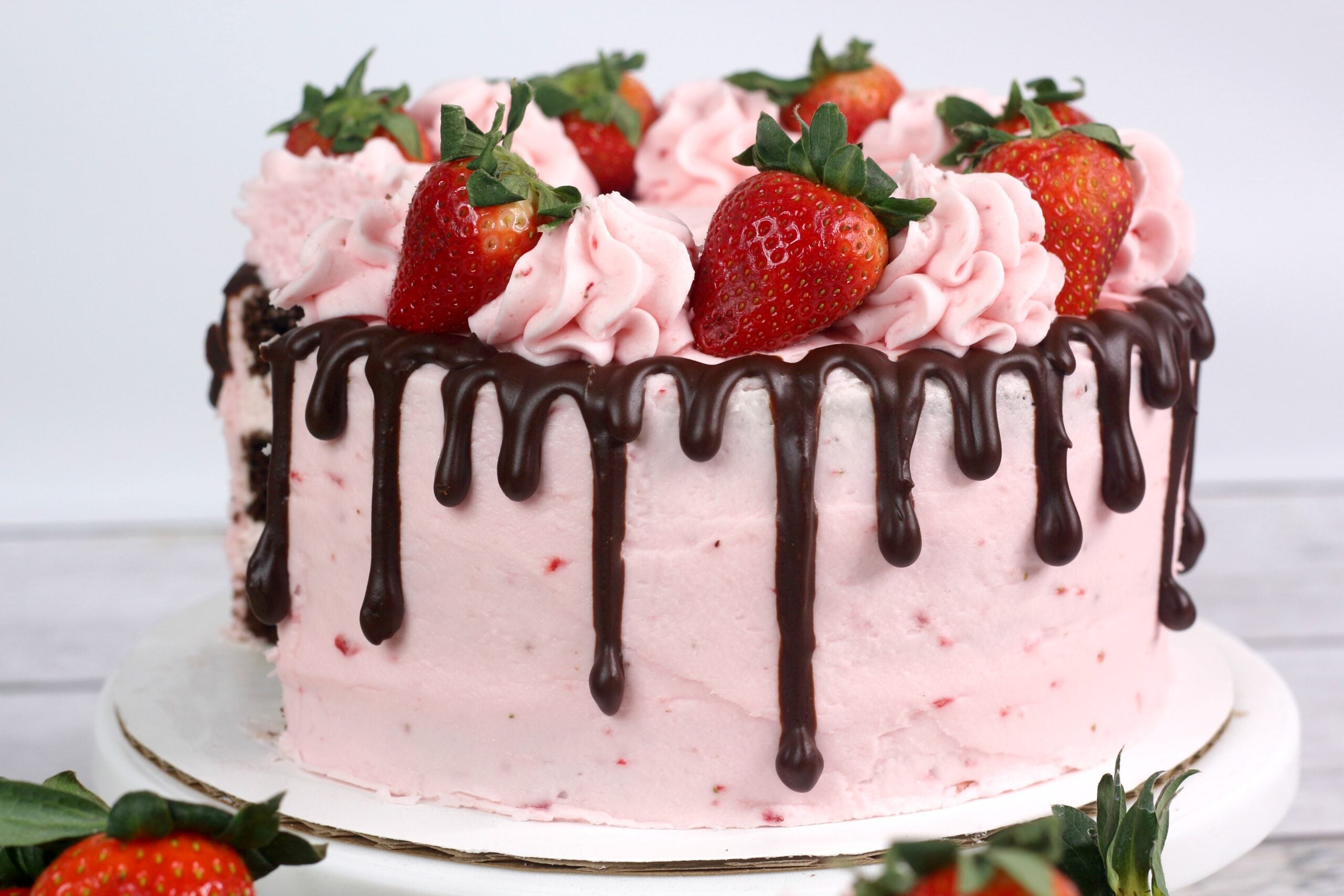 Whole uncut Chocolate Kahlua Cake Slice with Strawberry Buttercream Frosting