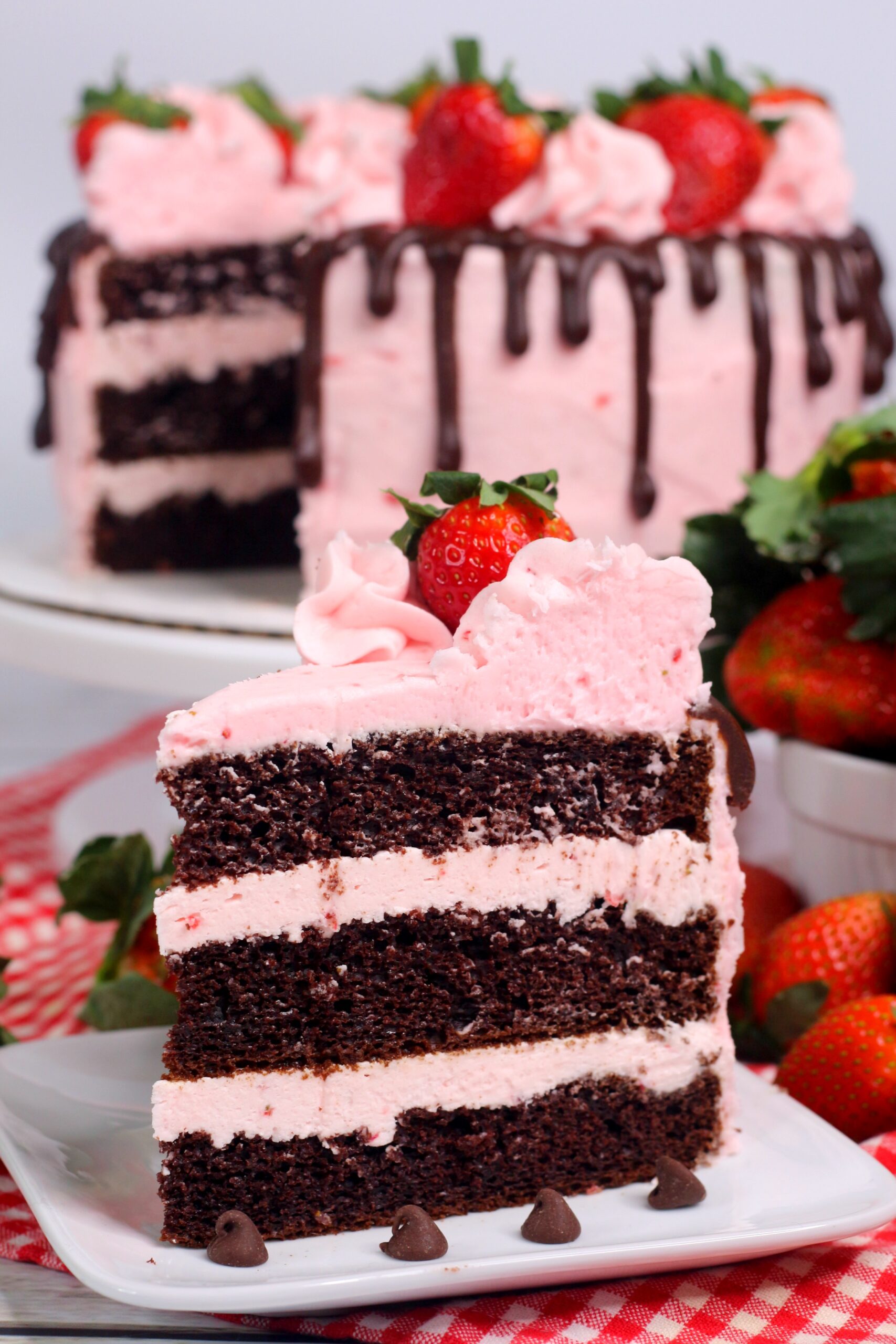 Chocolate Kahlua Cake Slice with Strawberry Buttercream Frosting on a white plate with the whole cake in the background
