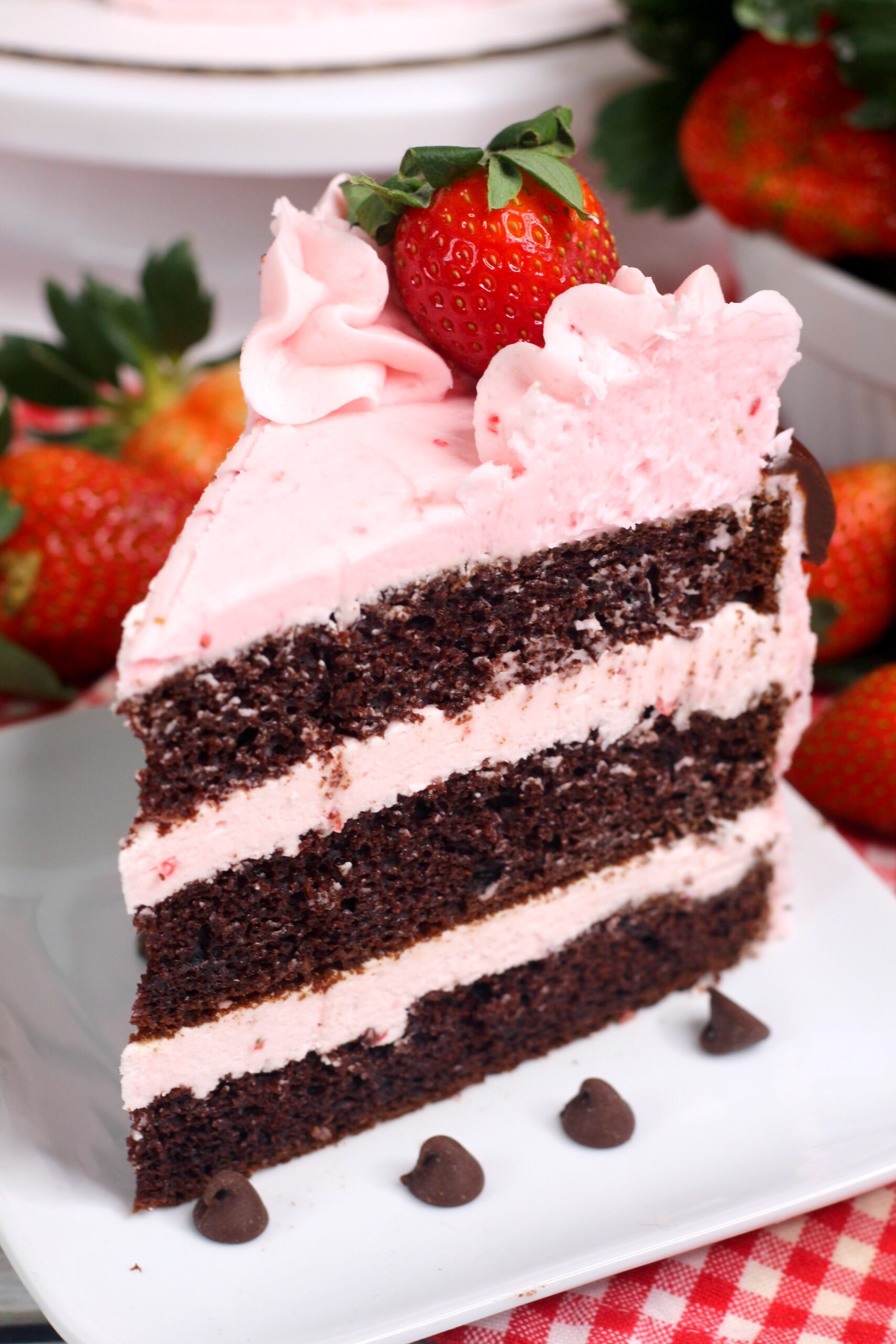 Chocolate Kahlua Cake Slice with Strawberry Buttercream Frosting on a white plate