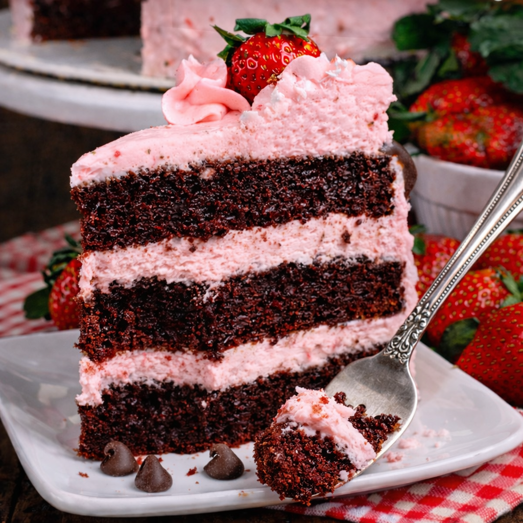 Chocolate Kahlua Cake Slice with Strawberry Buttercream Frosting with a fork removing a bite from the slice