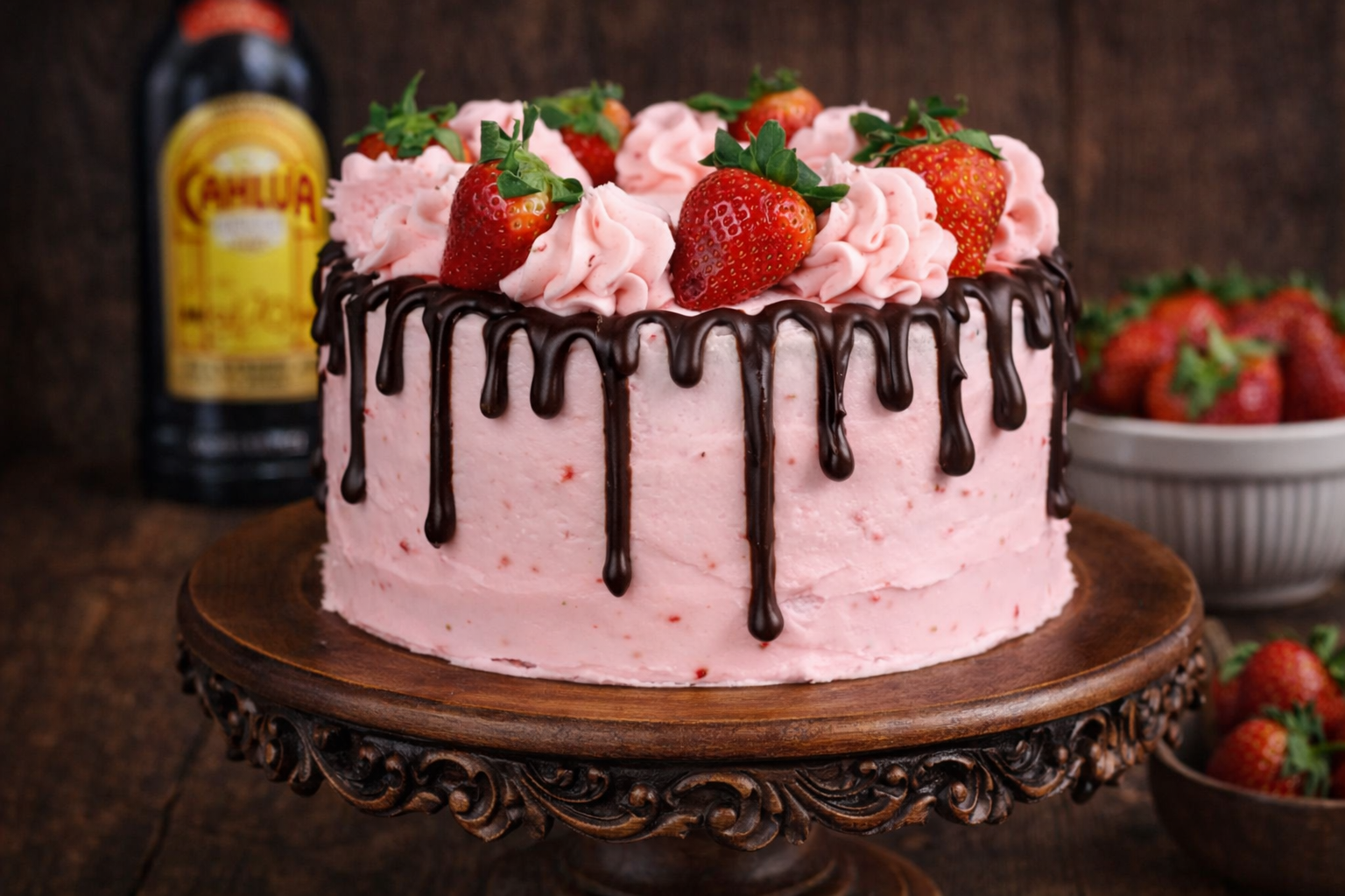 Kahlua cake on a pretty wood cake stand