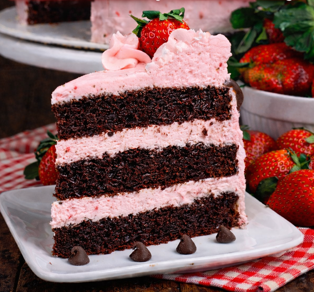Chocolate Kahlua Cake Slice with Strawberry Buttercream Frosting on a white plate with the whole cake in the background