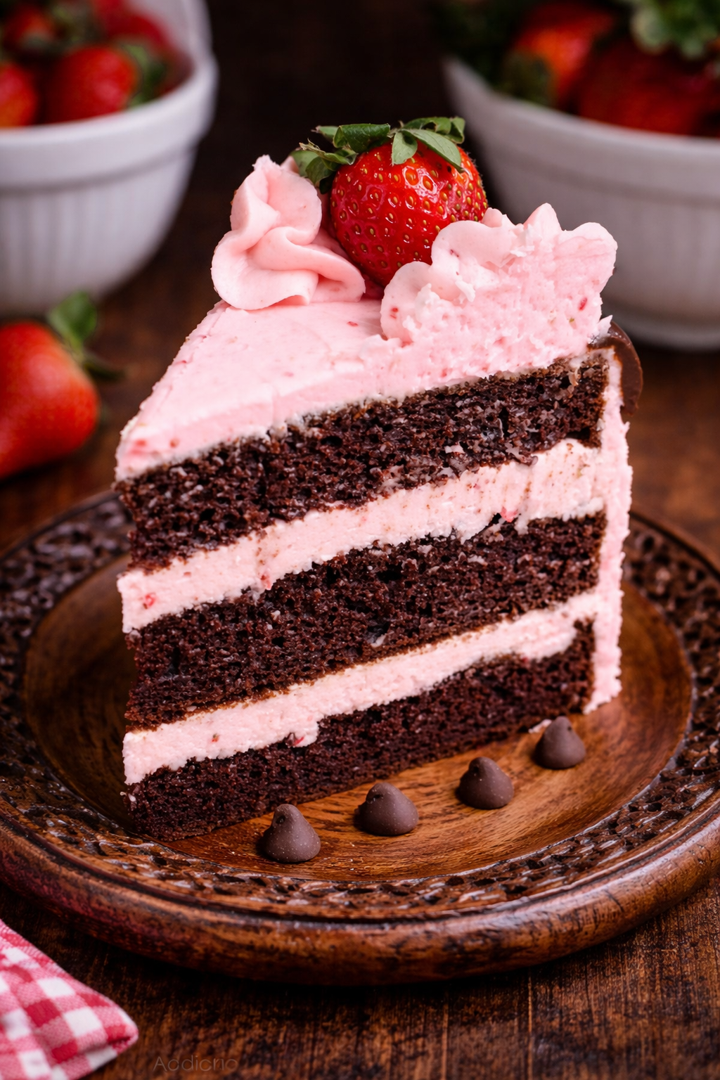 Chocolate Kahlua Cake Slice with Strawberry Buttercream Frosting on a dark ornate wood plate