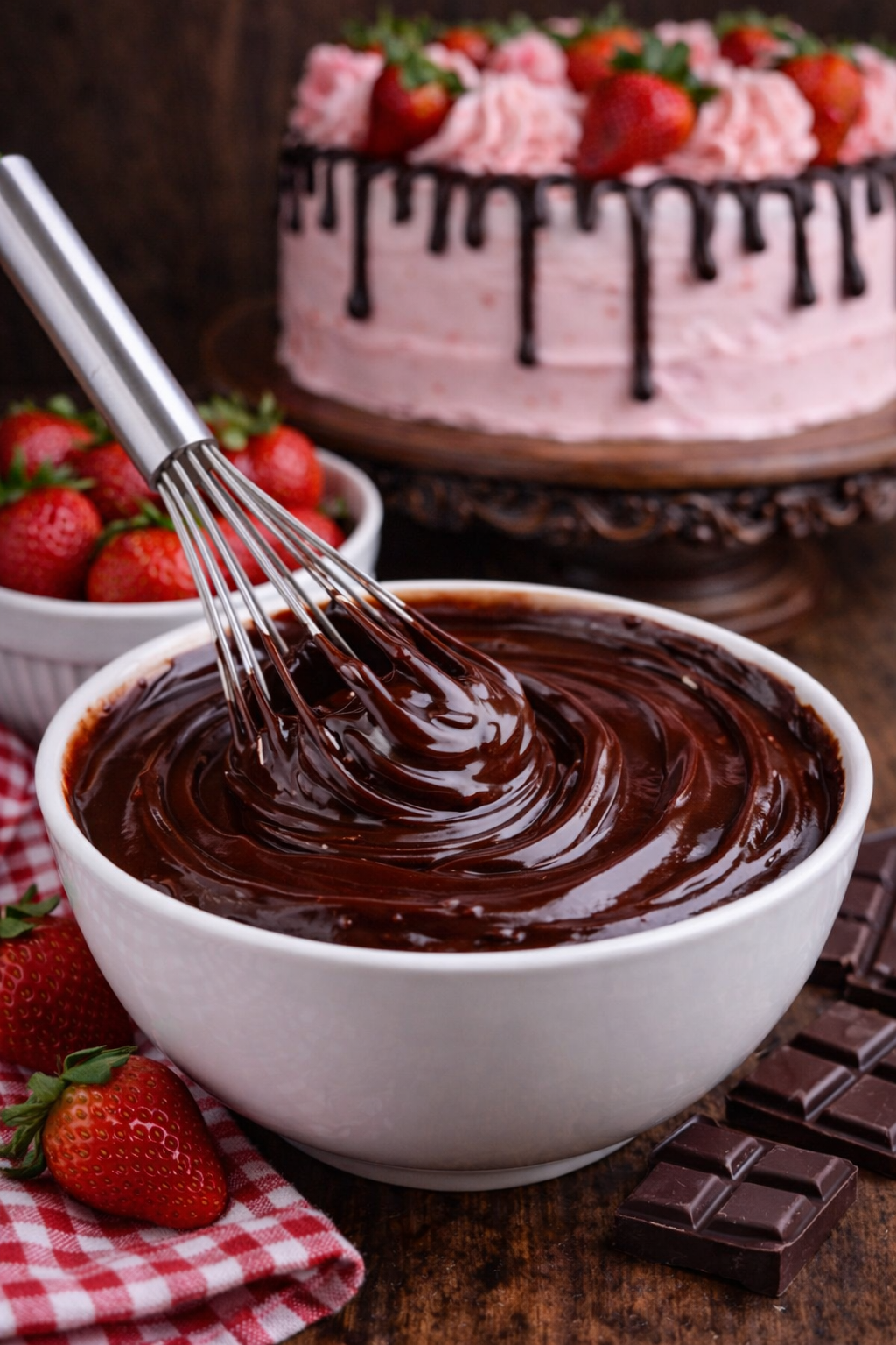 Chocolate ganache in a white mixing bowl