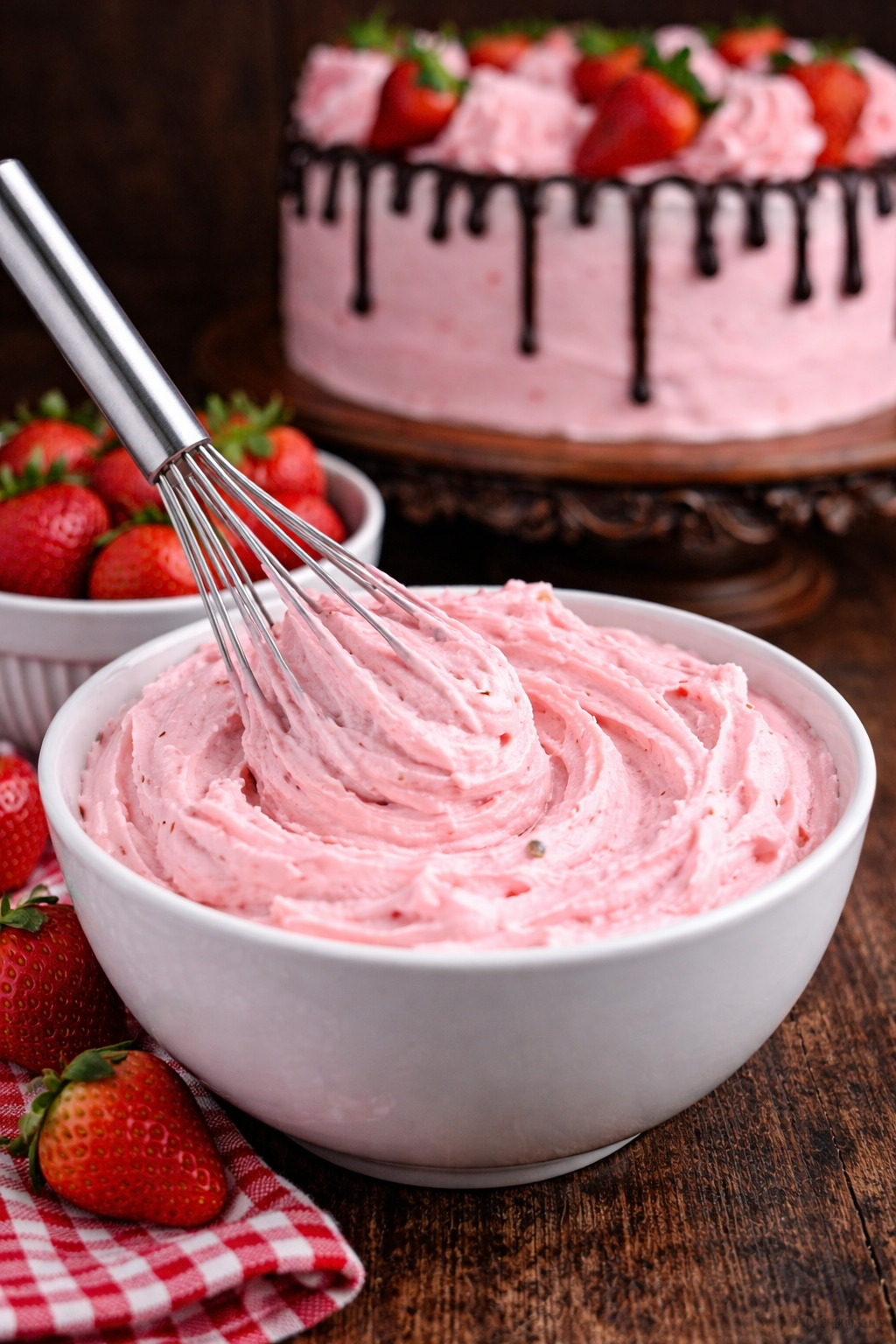 Strawberry Buttercream frosting in a white bowl