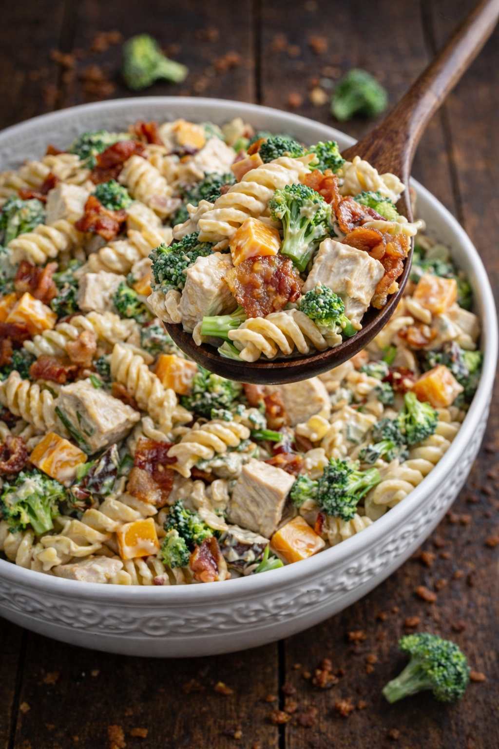 Chicken Bacon Broccoli Pasta Salad in a big pretty white designed bowl with a bamboo spoon lifting up a bite