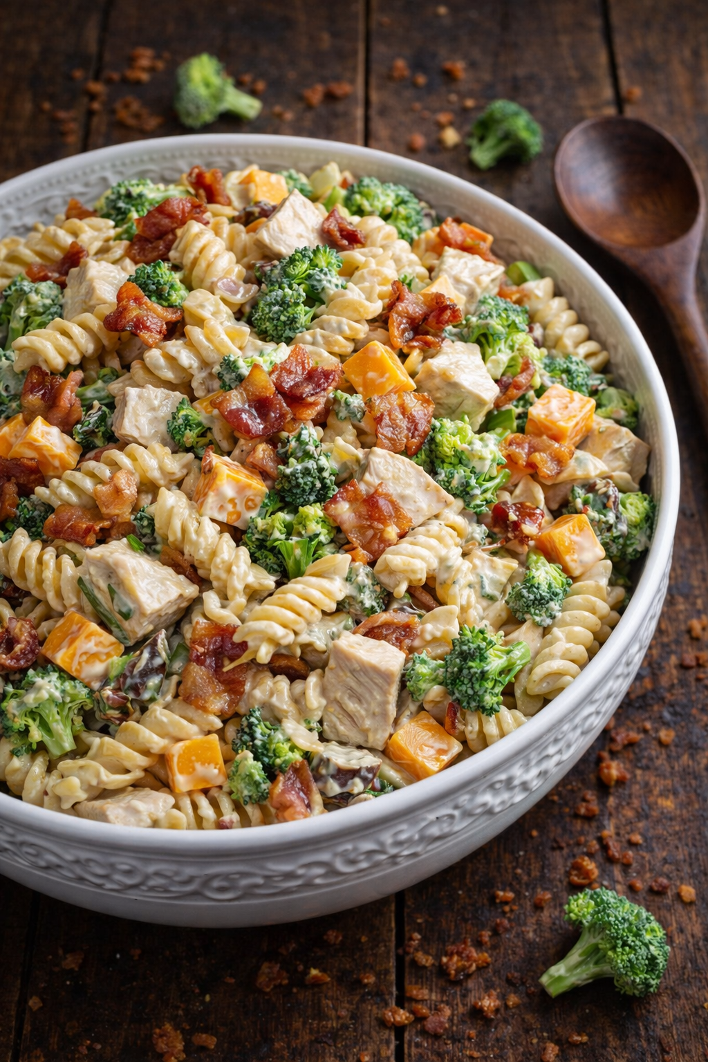 Chicken Bacon Broccoli Pasta Salad in a big pretty white designed bowl
