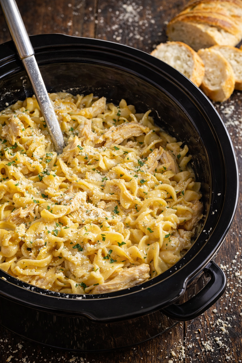 Slow Cooker Chicken and Noodles up close in a slow cooker 