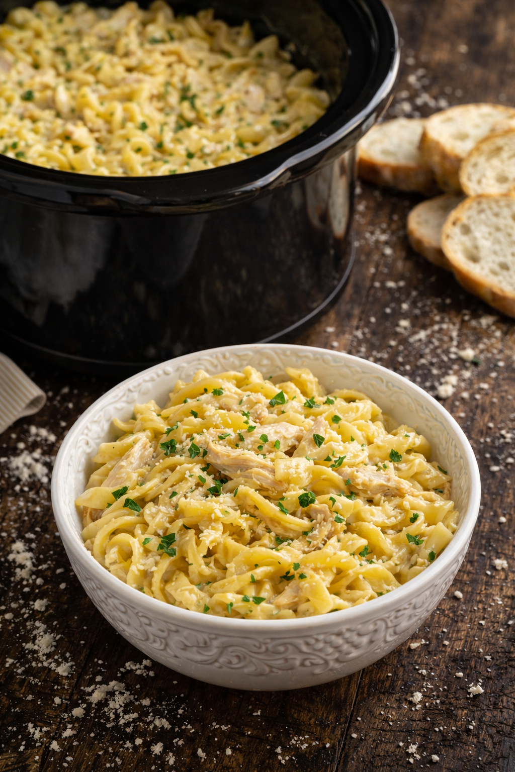 Slow Cooker Chicken and Noodles in a pretty white bowl on a dark wood table 