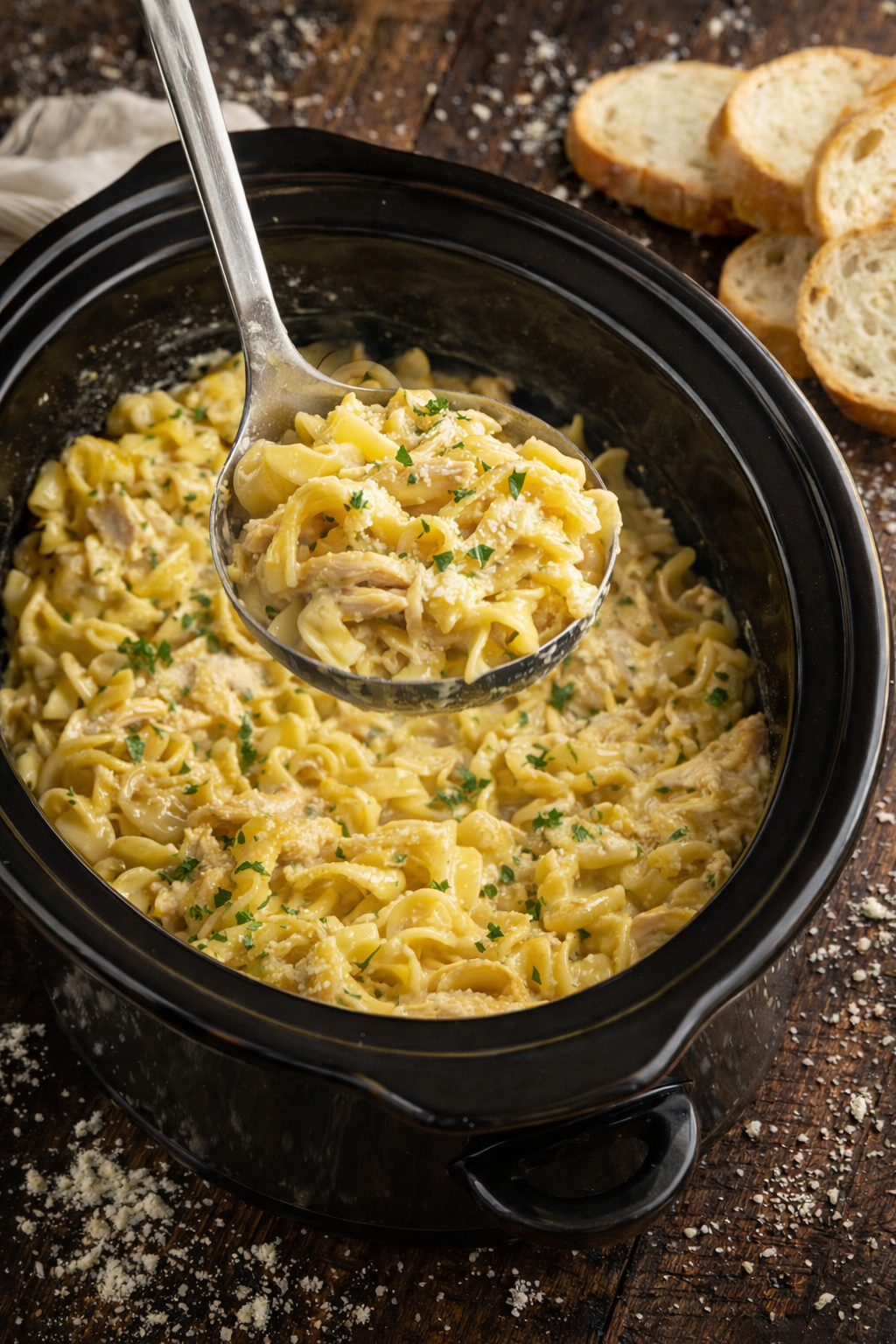Slow Cooker Chicken and Noodles up close in a slow cooker with a large spoon lifting some up 