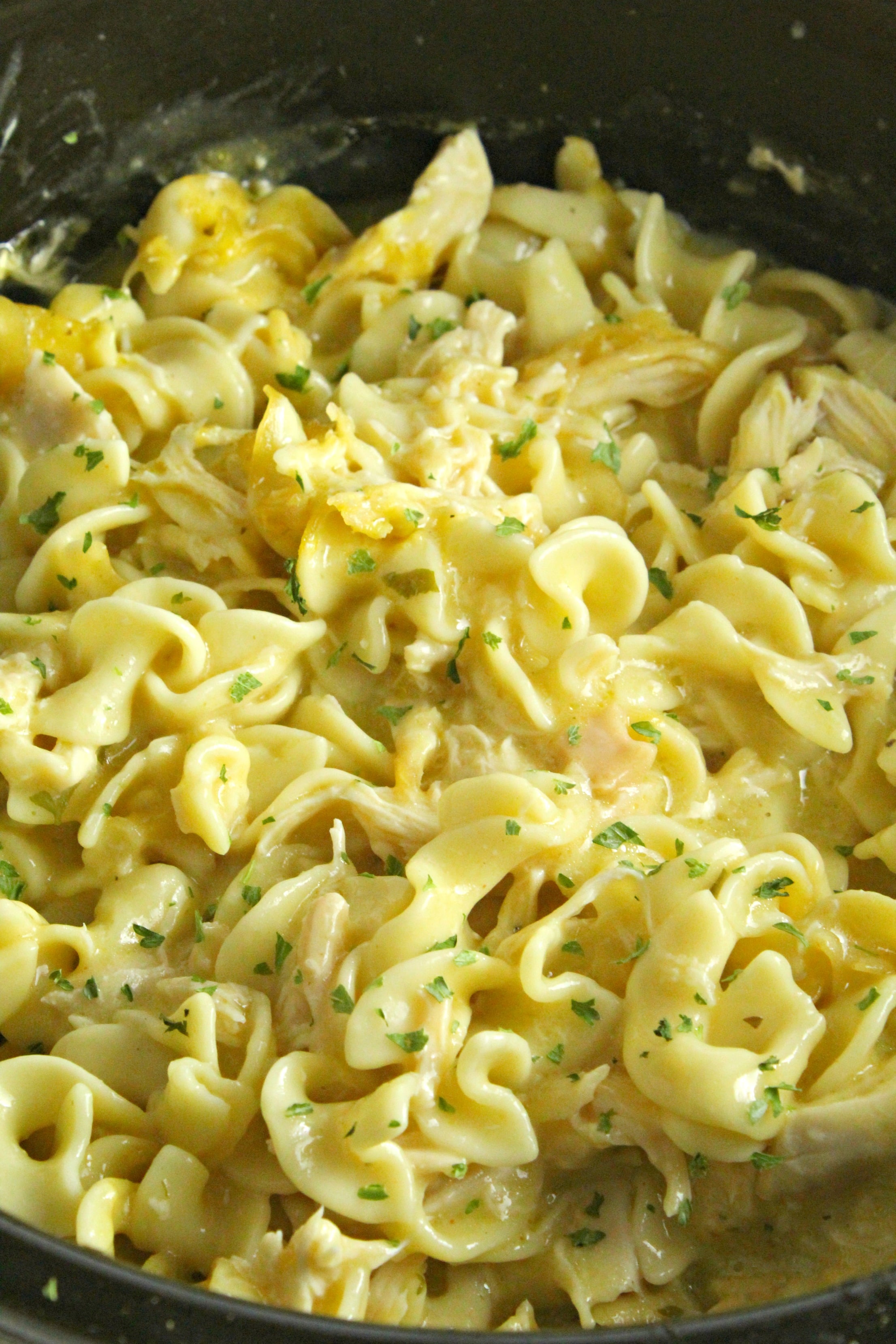 Slow Cooker Chicken and Noodles up close in a slow cooker 