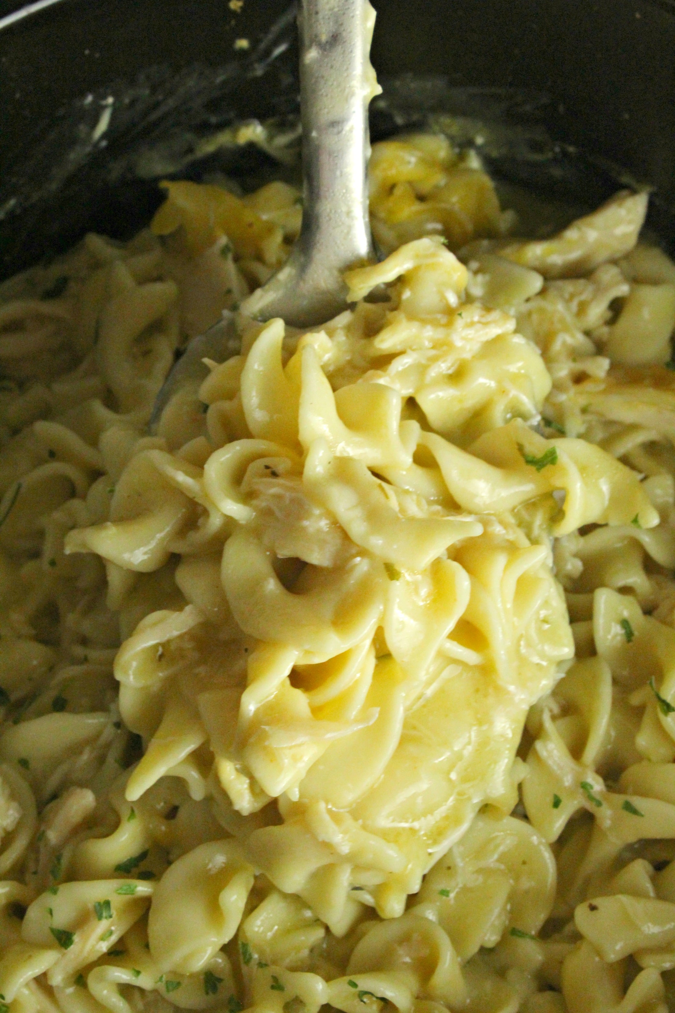 Slow Cooker Chicken and Noodles up close in a slow cooker 