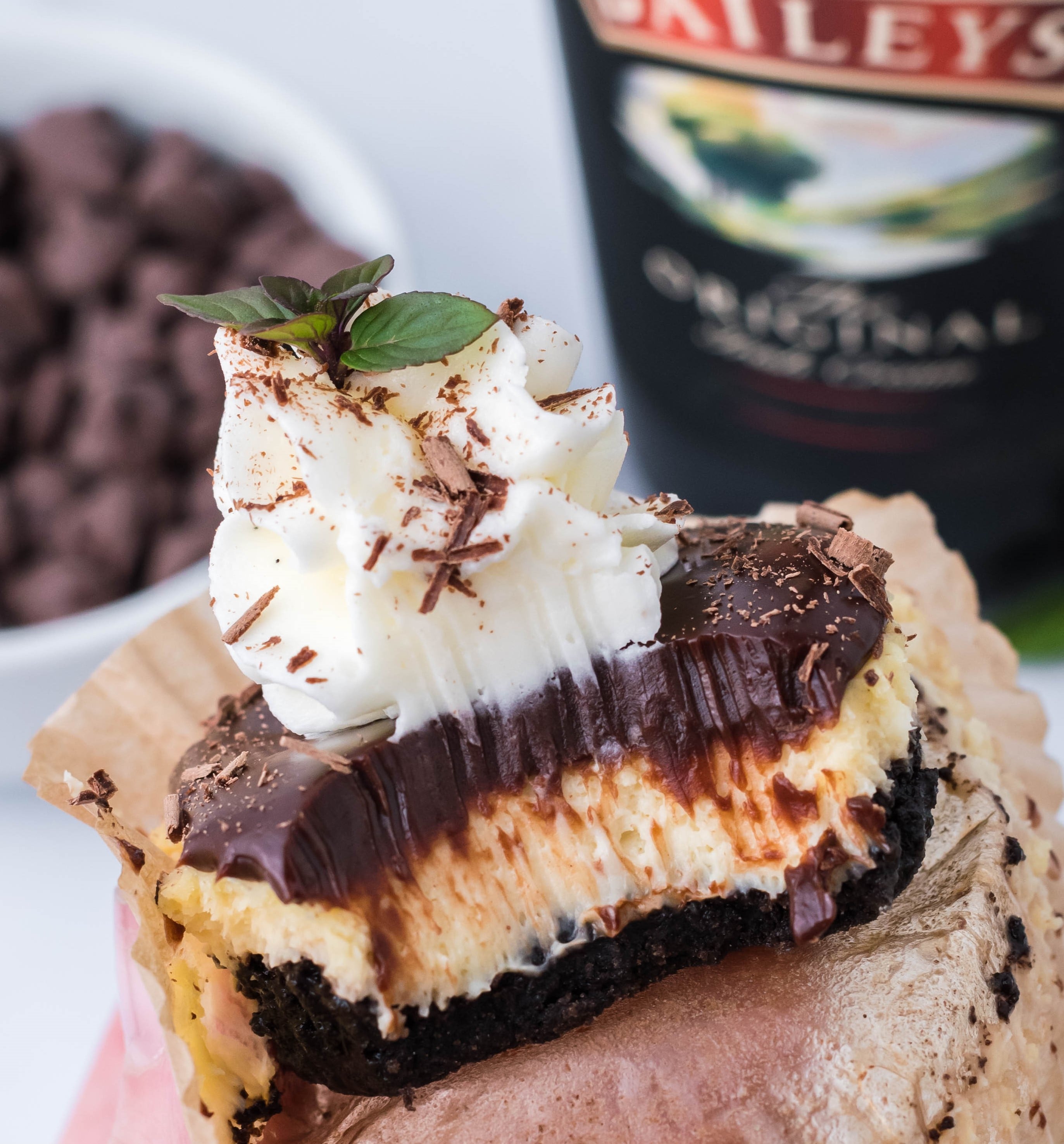 Baileys Cheesecakes with Chocolate Ganache Frosting