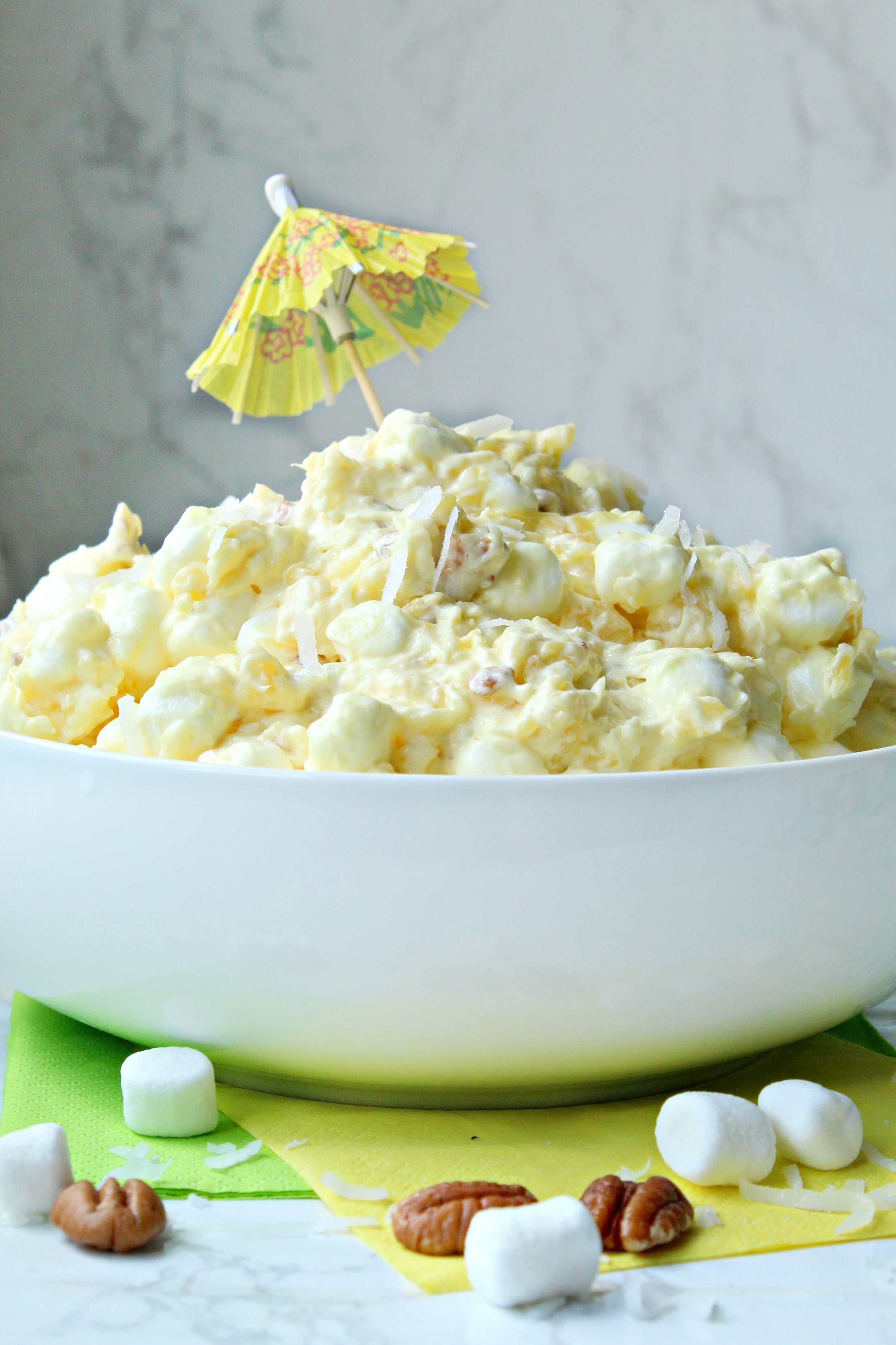 Pina colada fluff in a white bowl 