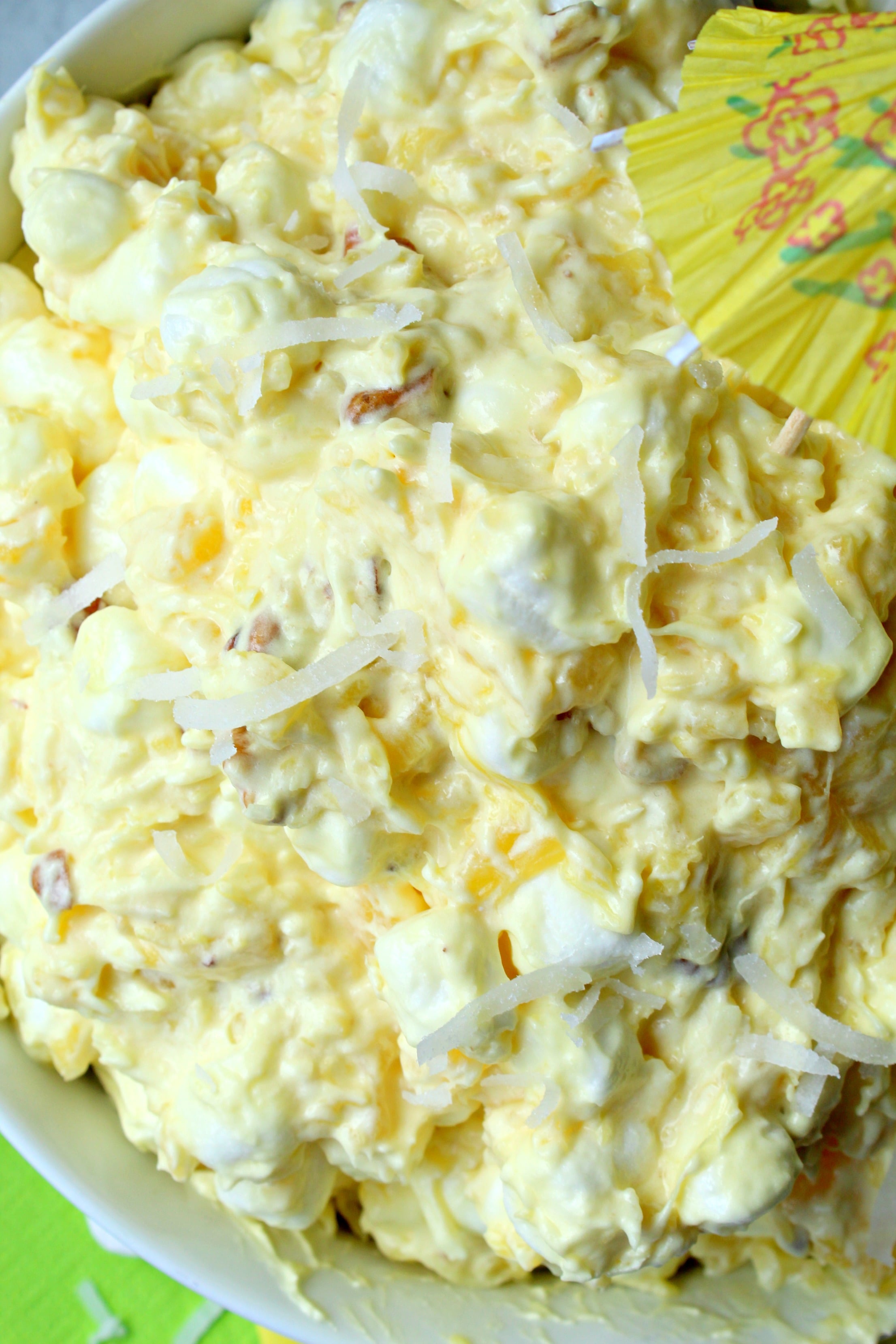 up close shot of Pina colada fluff in a white bowl 