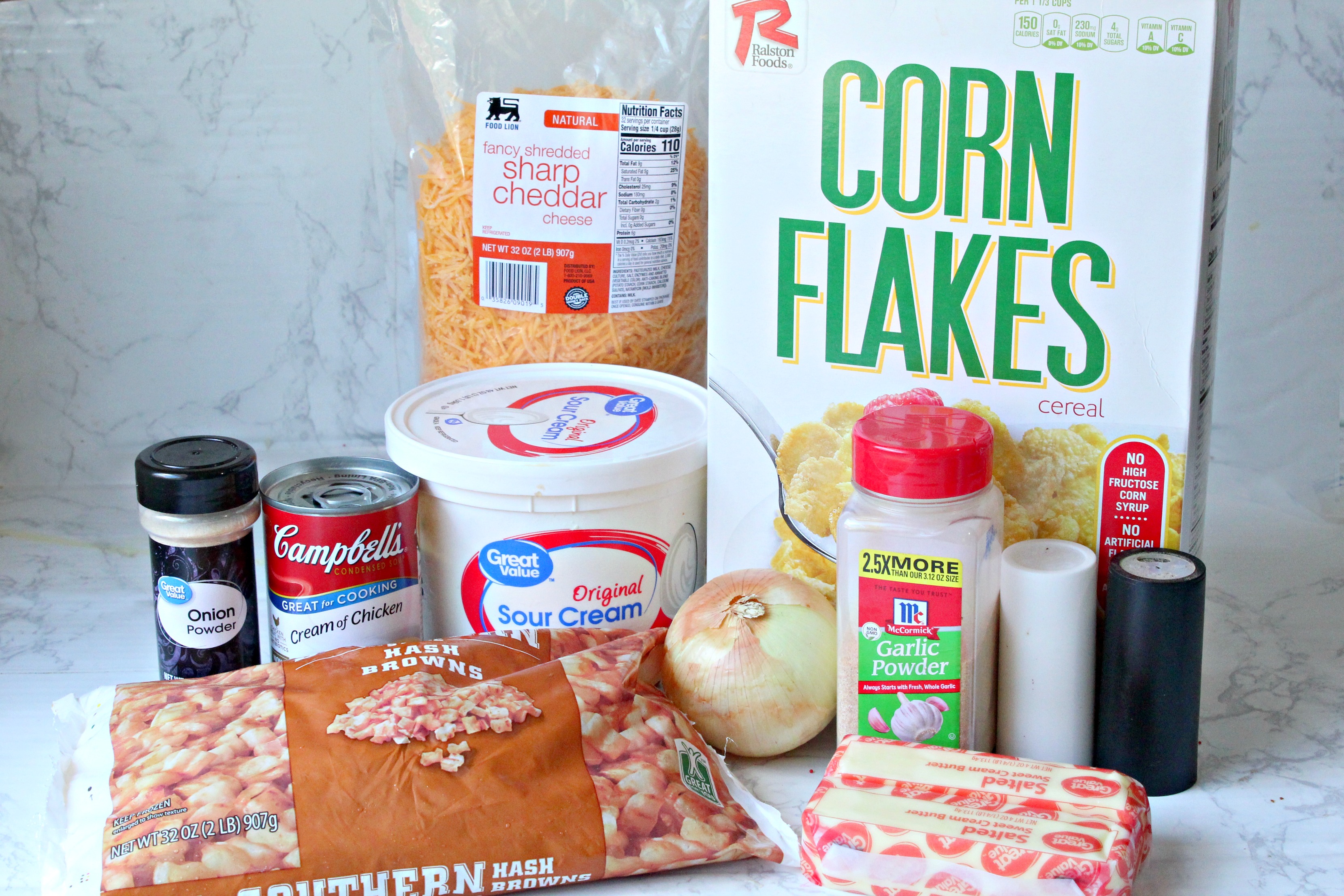 Funeral Potatoes ingredients on a table
