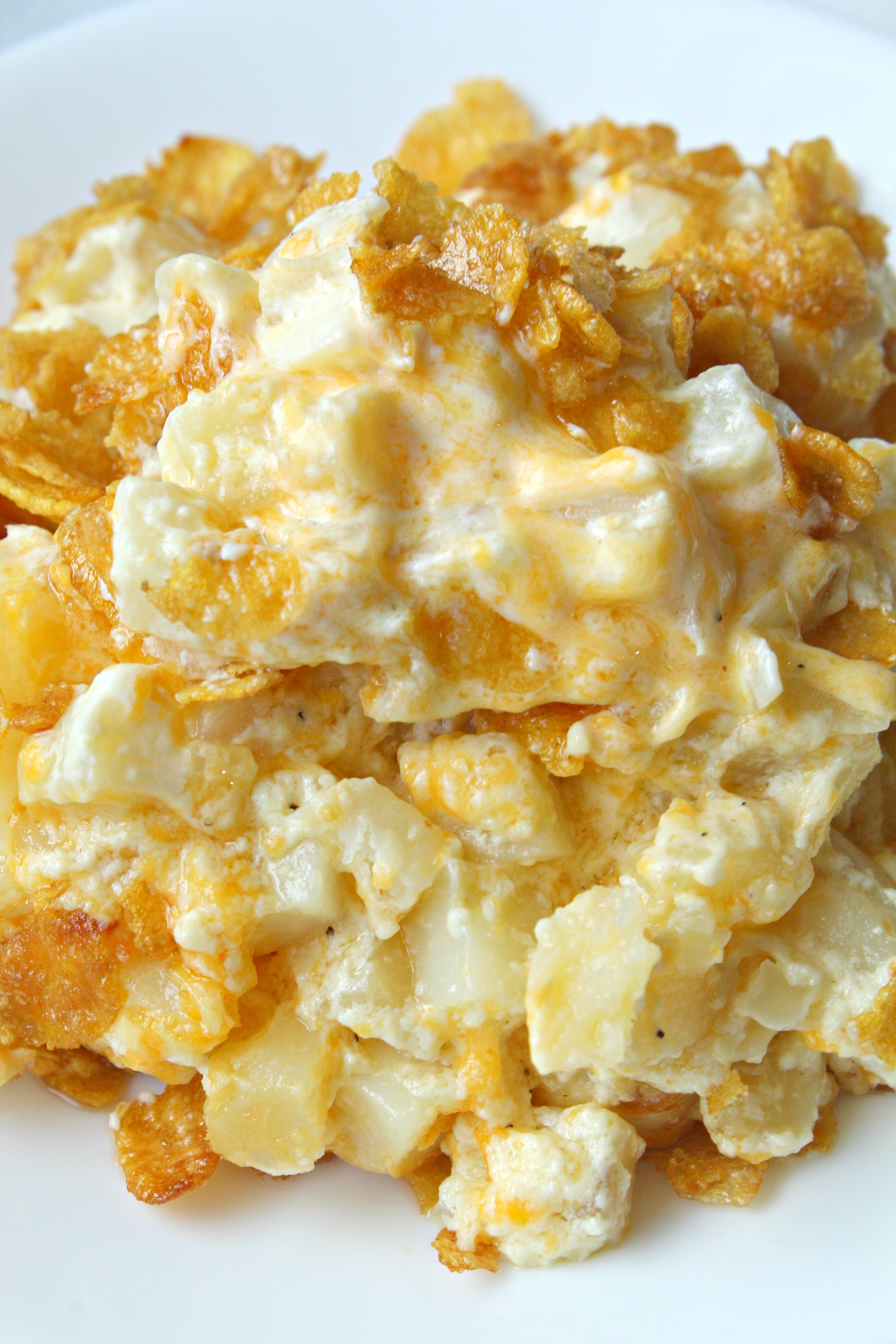 Funeral Potatoes op close on a plate