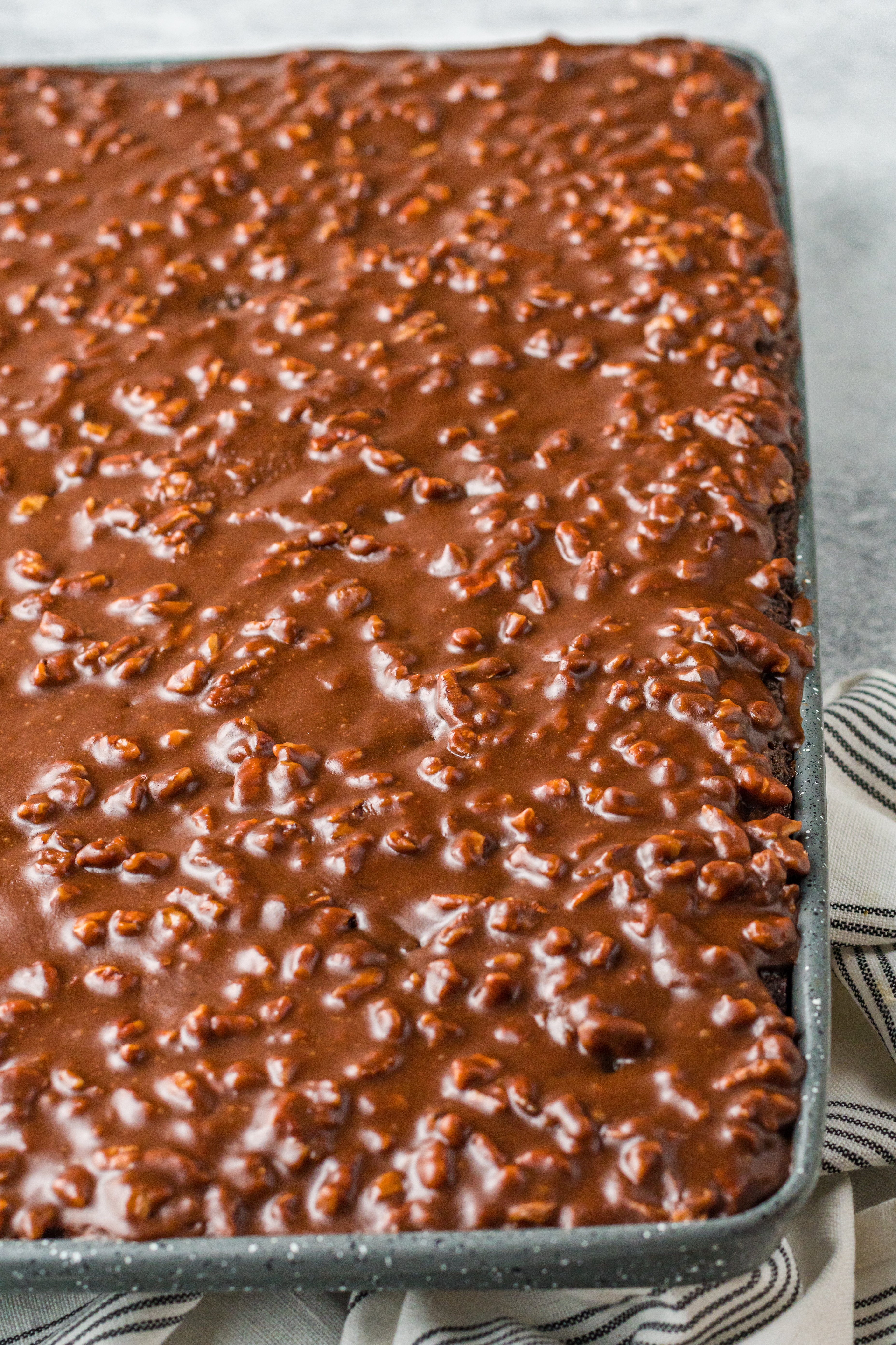 Texas Sheet Cake up close on a baking pan