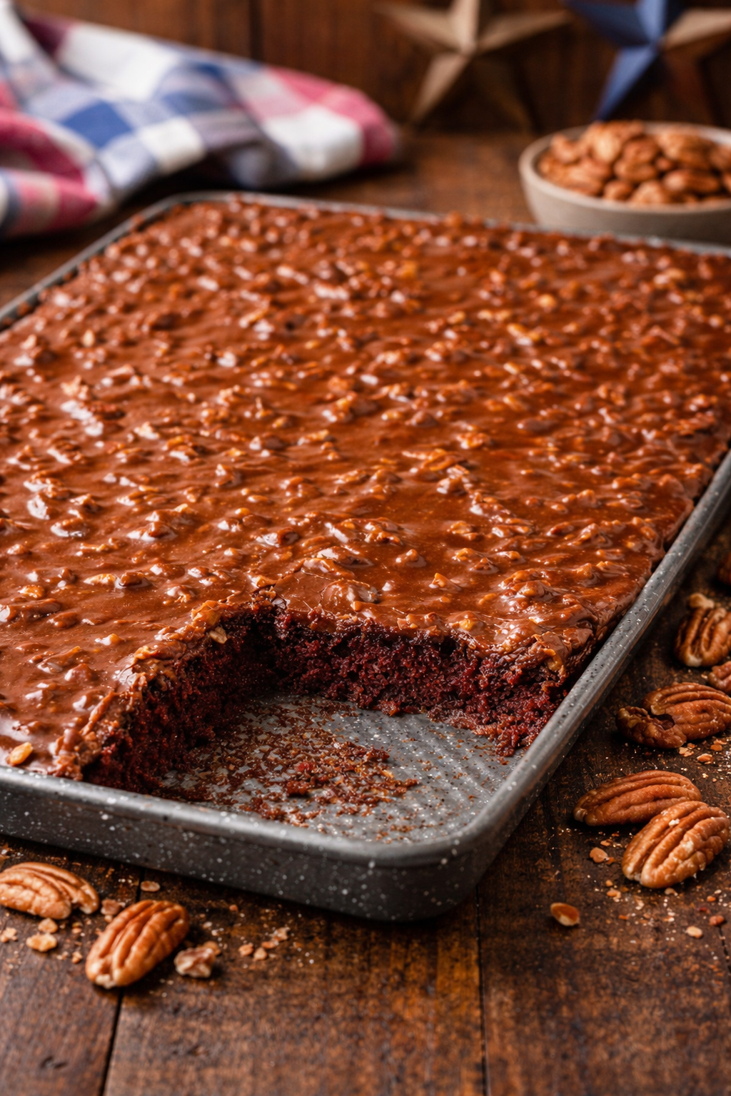 Texas Sheet Cake on a dark wood table in a baking sheet with a slice missing 