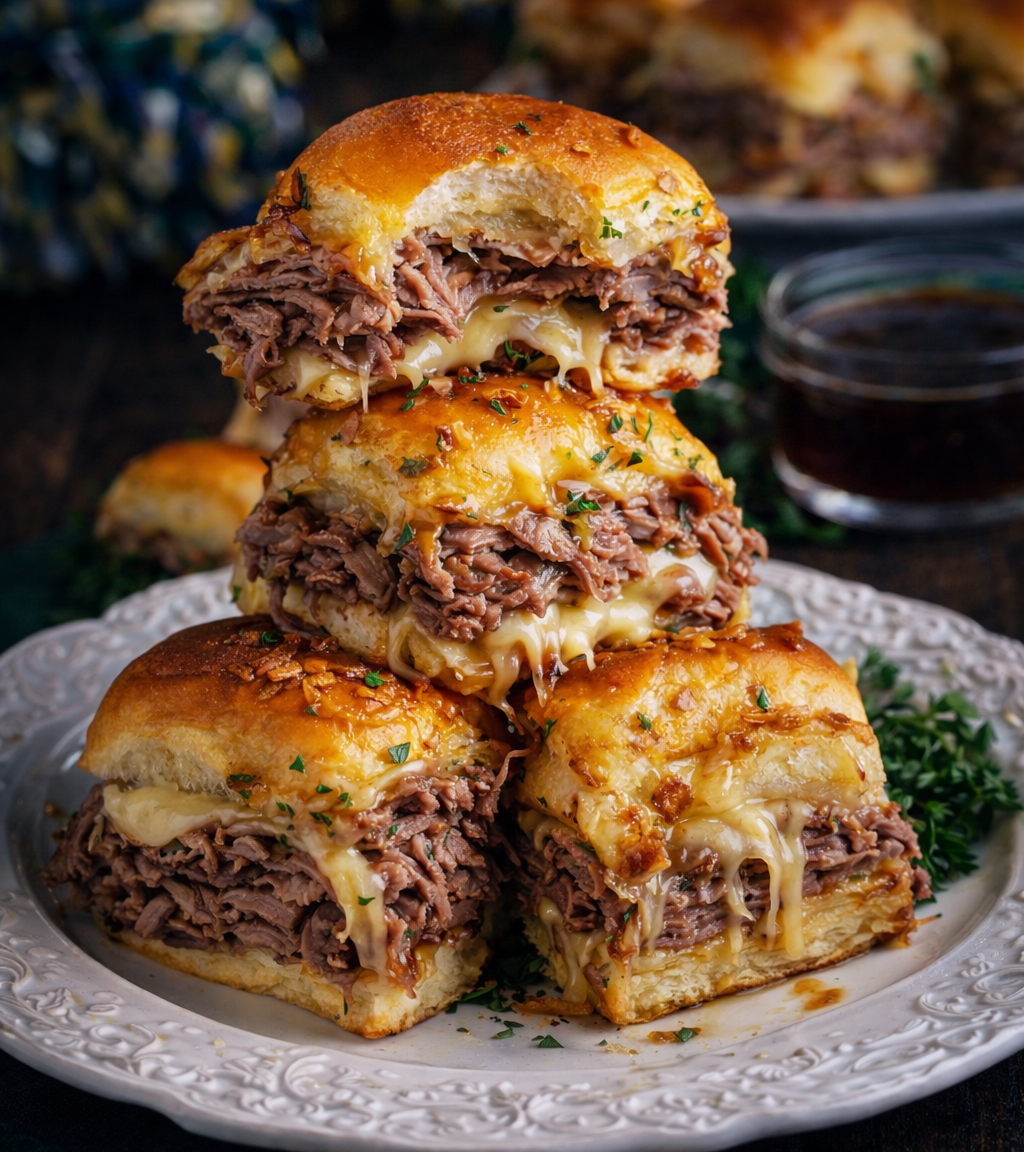 french dip sliders stacked on a white plate