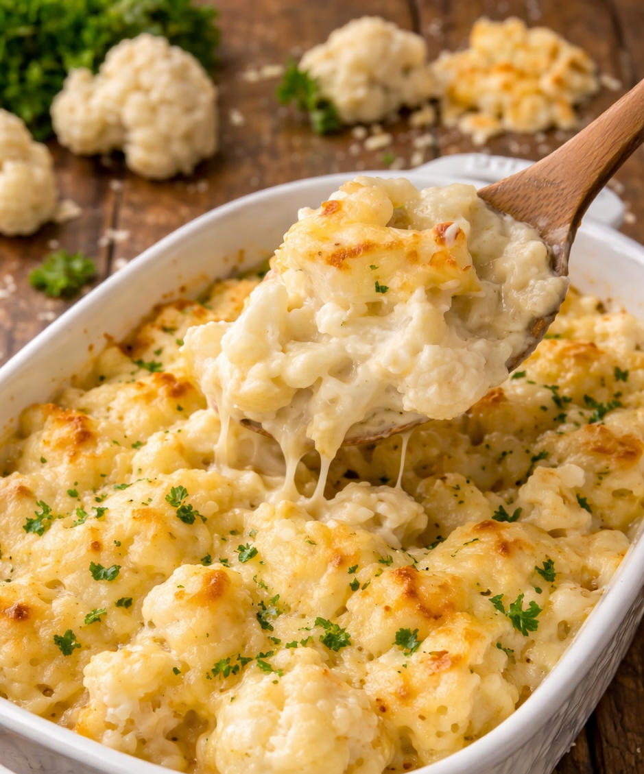 up close shot of the Cheesy Cauliflower Casserole with a spoon lifting up some 