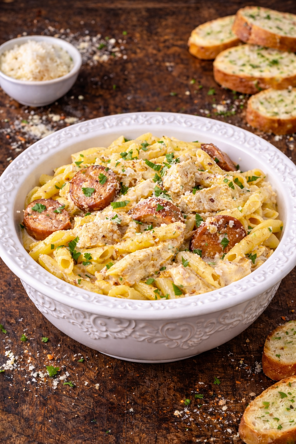 Slow Cooker Cajun Chicken Alfredo with Sausage in a pretty white bowl on a dark wood table with