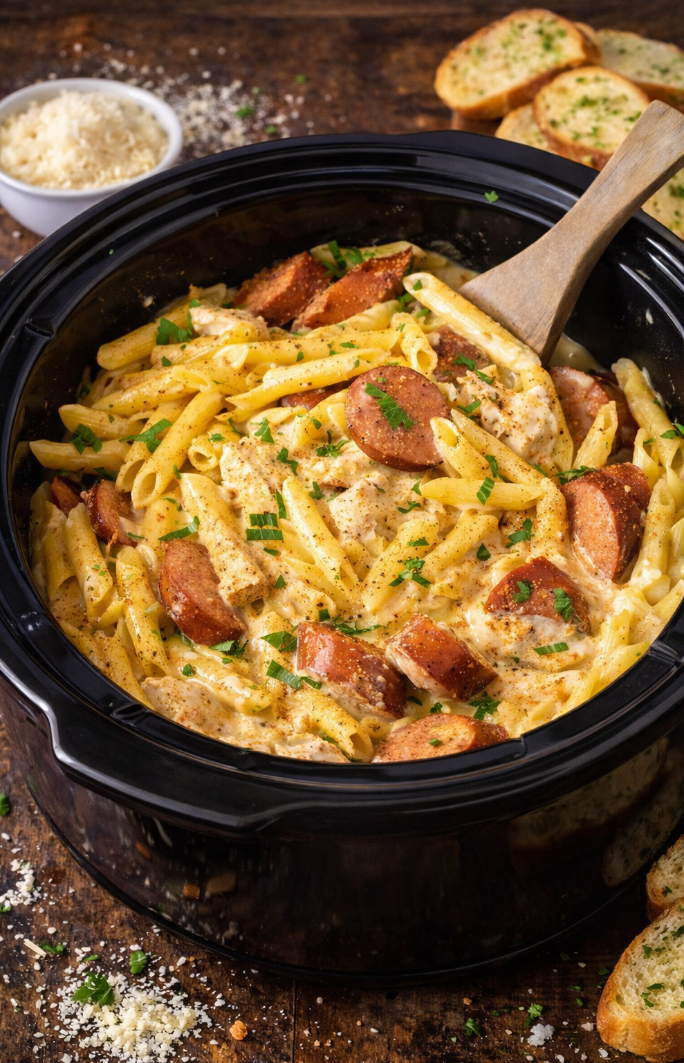Slow Cooker Cajun Chicken Alfredo with Sausage in a black slow cooker 
