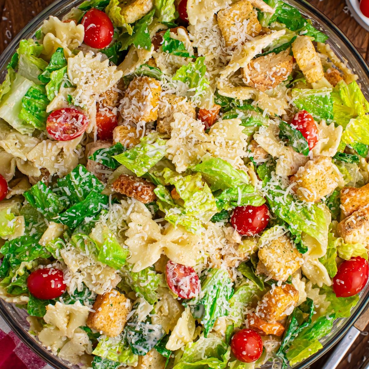 Chicken Caesar Pasta Salad in a bowl on table 