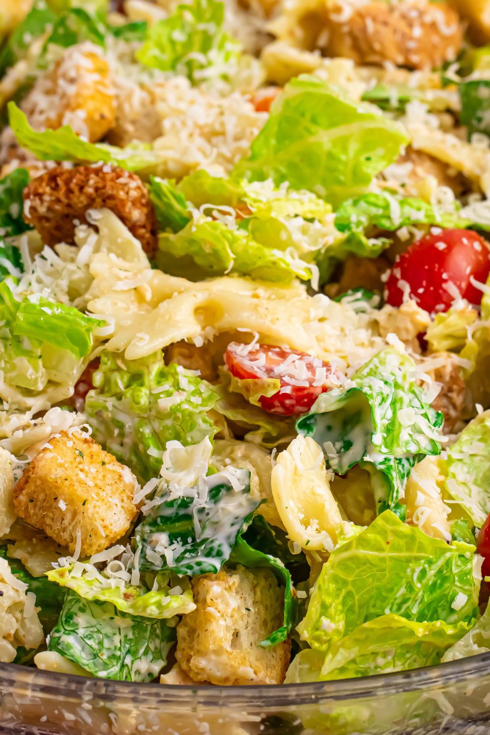 Chicken Caesar Pasta Salad close up in bowl on table 