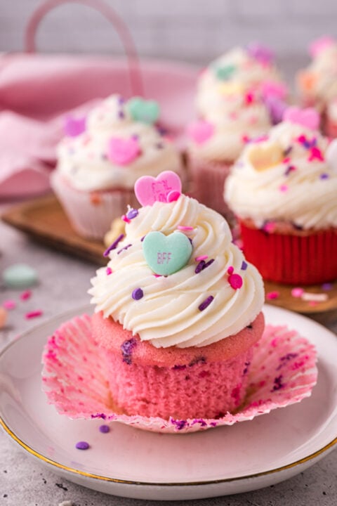 Pink Velvet Cupcakes with Vanilla Buttercream Frosting