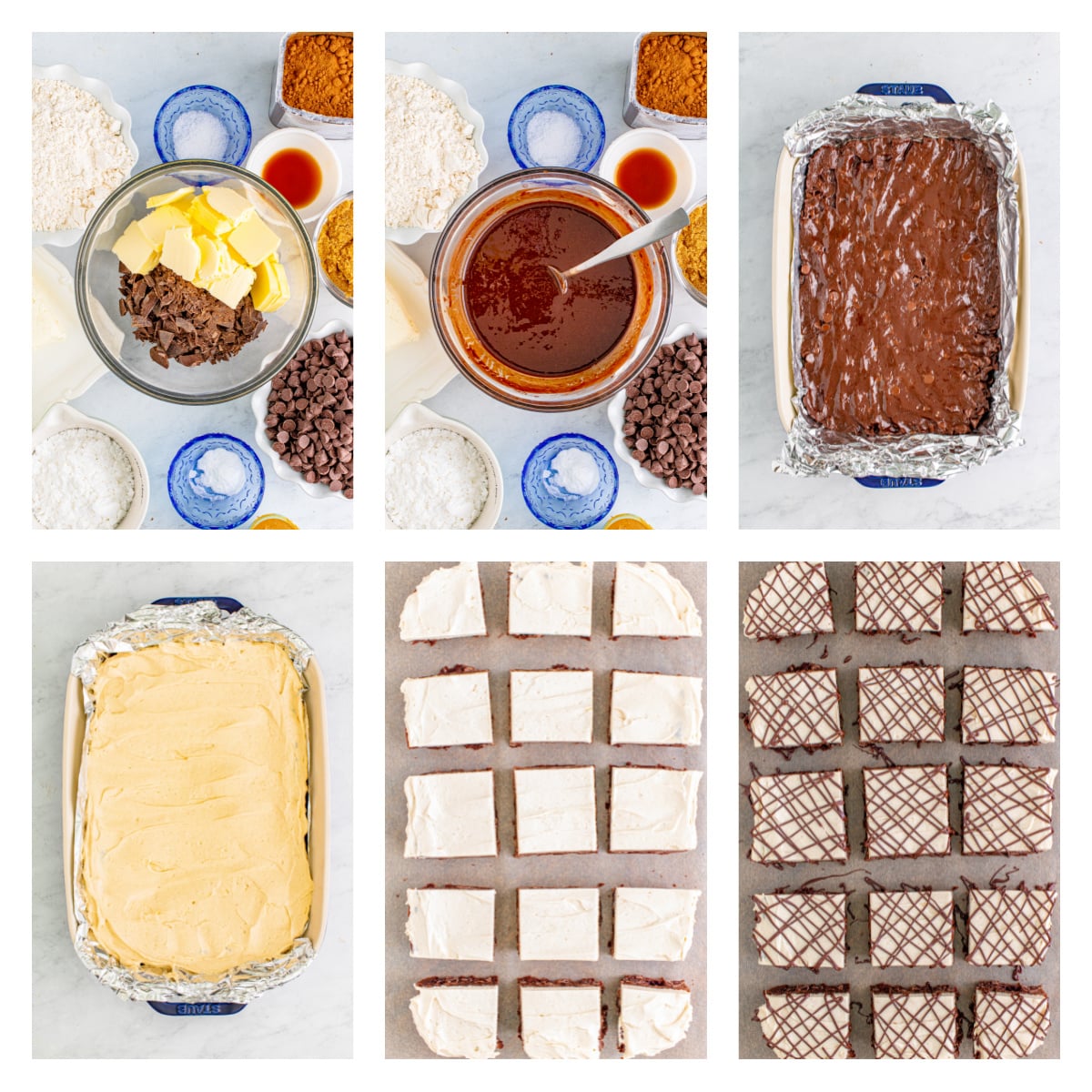 Peanut Butter Brownies collage showing the ingredients in a bowl then baked in a pan, then frosted and cut