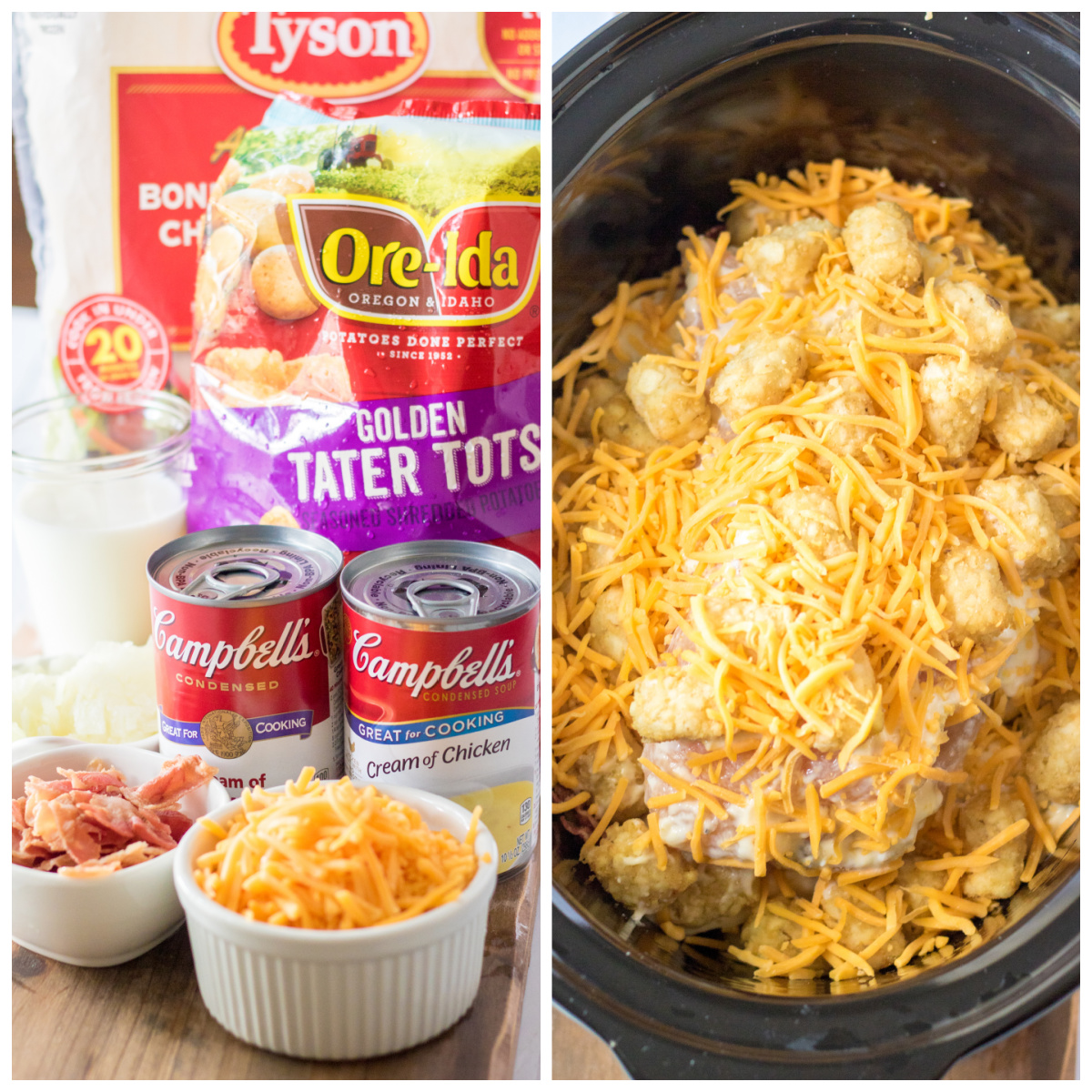 Tater Tot Casserole ingredients collage with the second photo of the slow cooker with tater totas covered in cheese, ready to be cooked