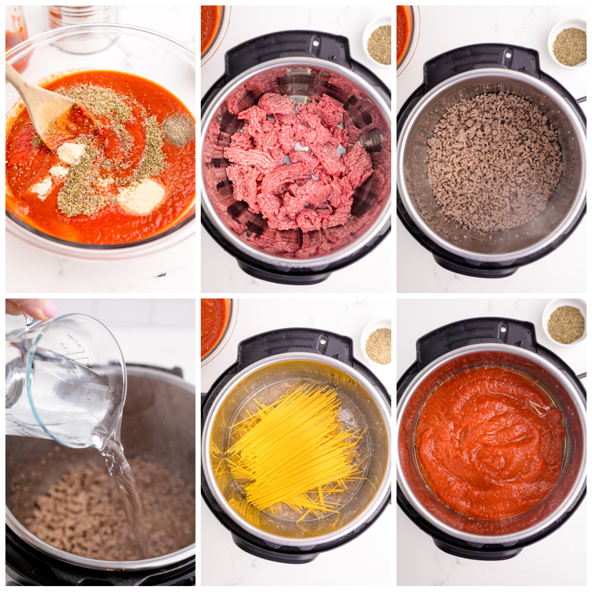 Instant Pot Spaghetti collage of 6 photos showing how to make it