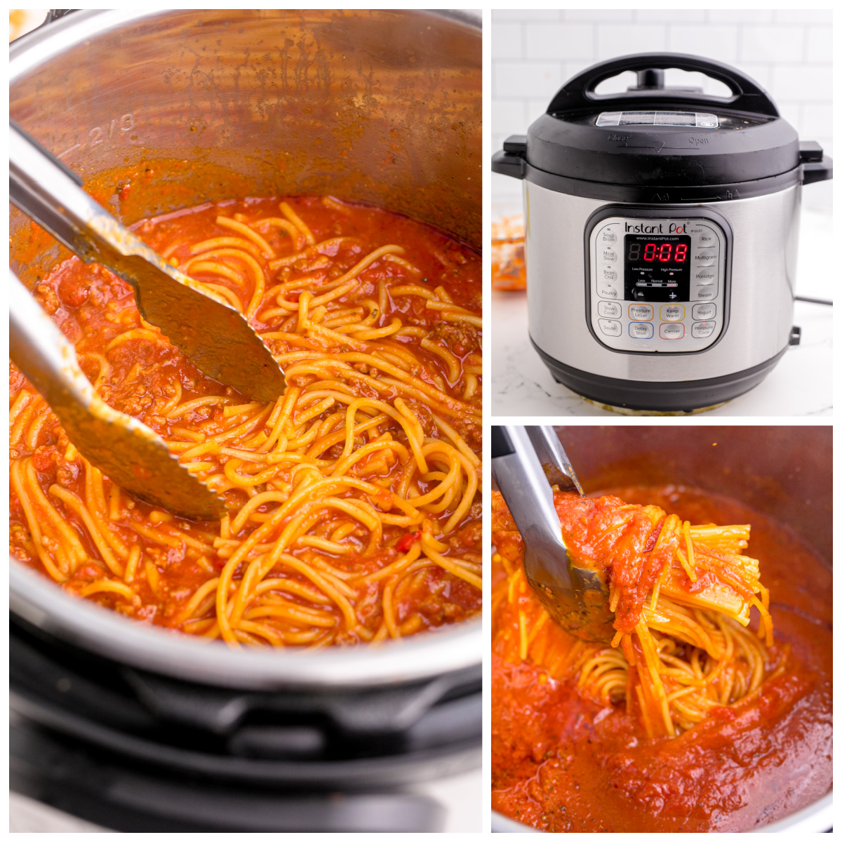 Instant Pot Spaghetti collage of an instant pot, it open showing the spaghetti