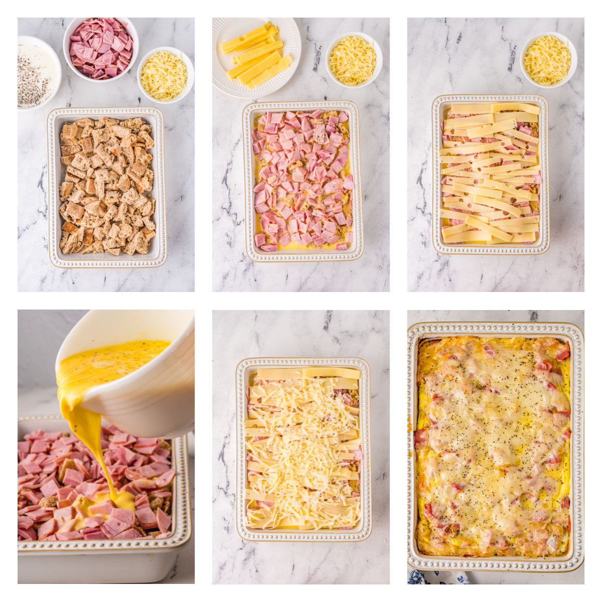 Eggs Benedict collage with 6 images showing how to assemble the casserole