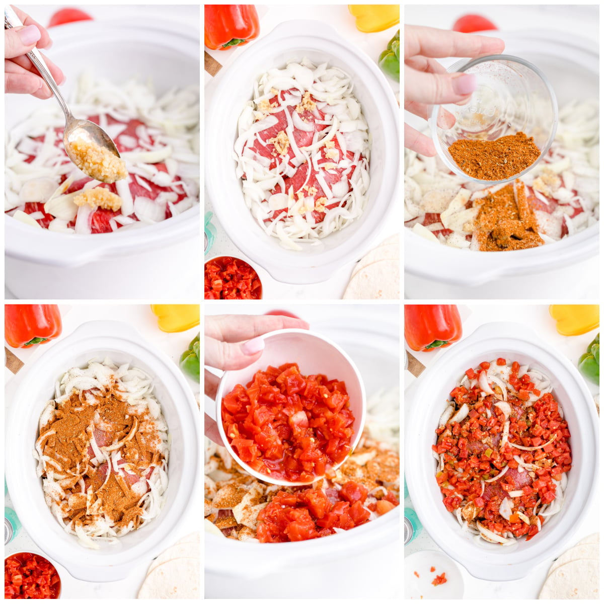 Steak Fajitas collage of 6 photos showing how to assemble the recipe in the slow cooker step by step
