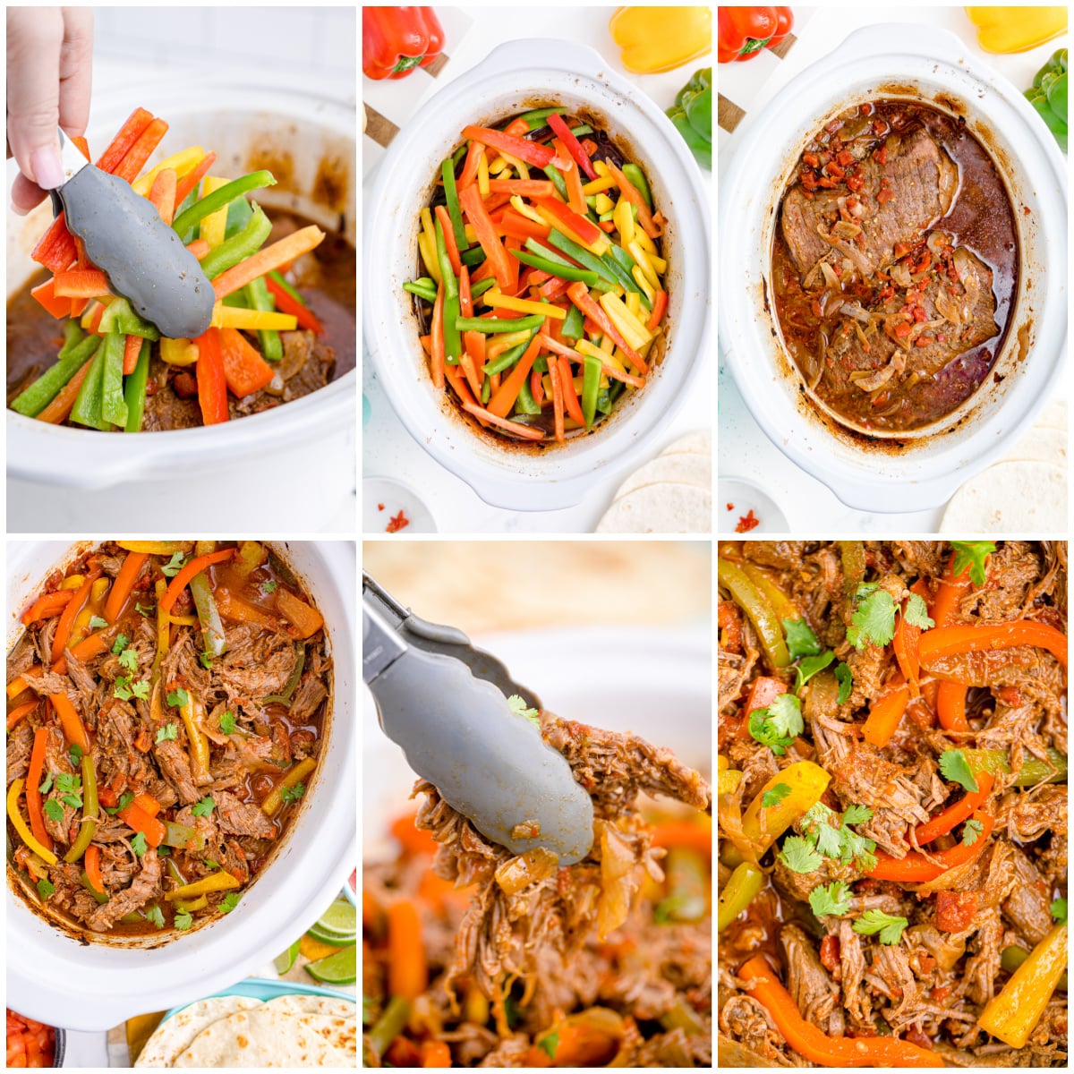Steak Fajitas collage of 6 photos showing how to assemble the recipe in the slow cooker step by step