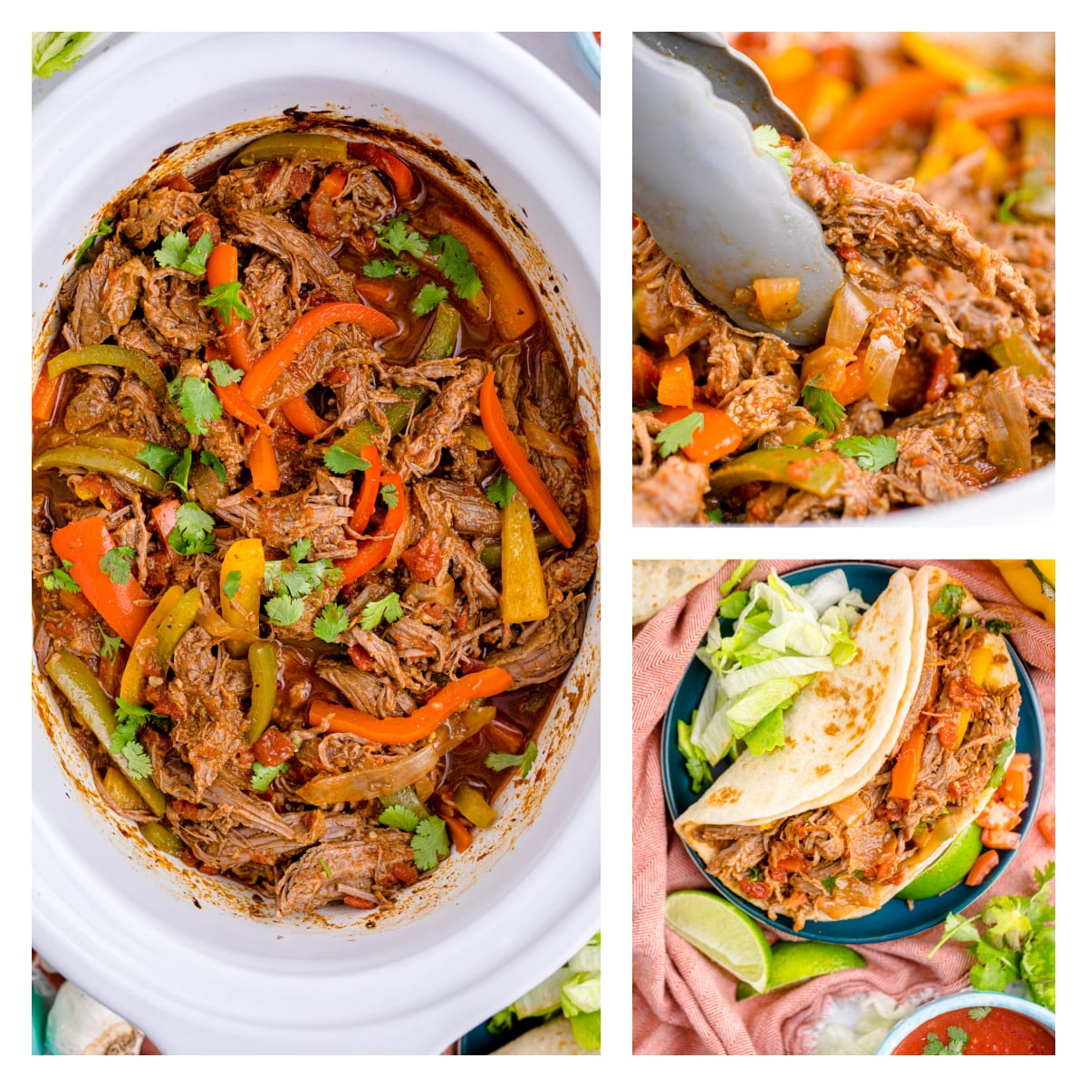 Steak Fajitas collage of fajitas in the slow cooker, on a plat and being lifted with tongs