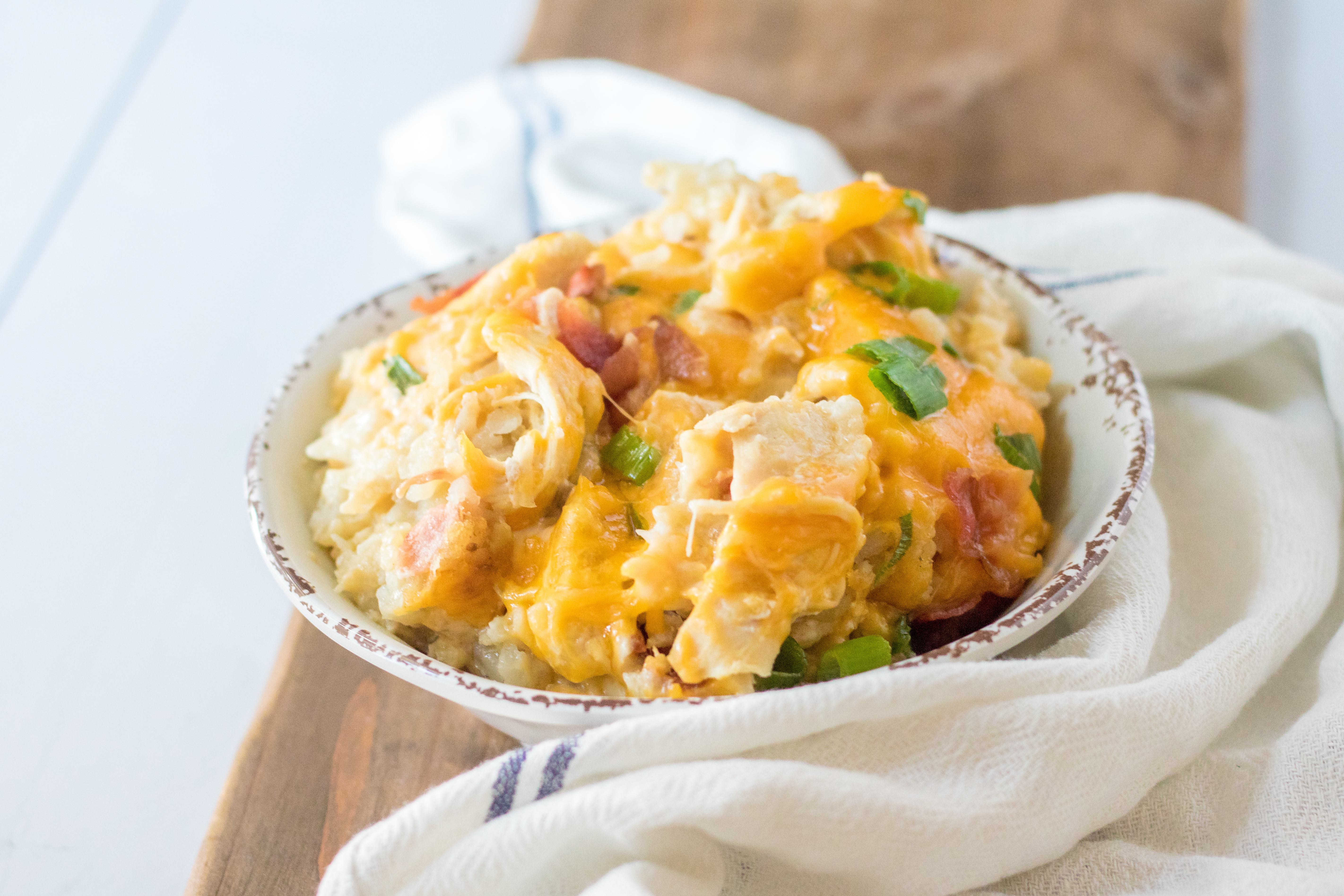 Tater Tot Casserole with chicken in a bowl