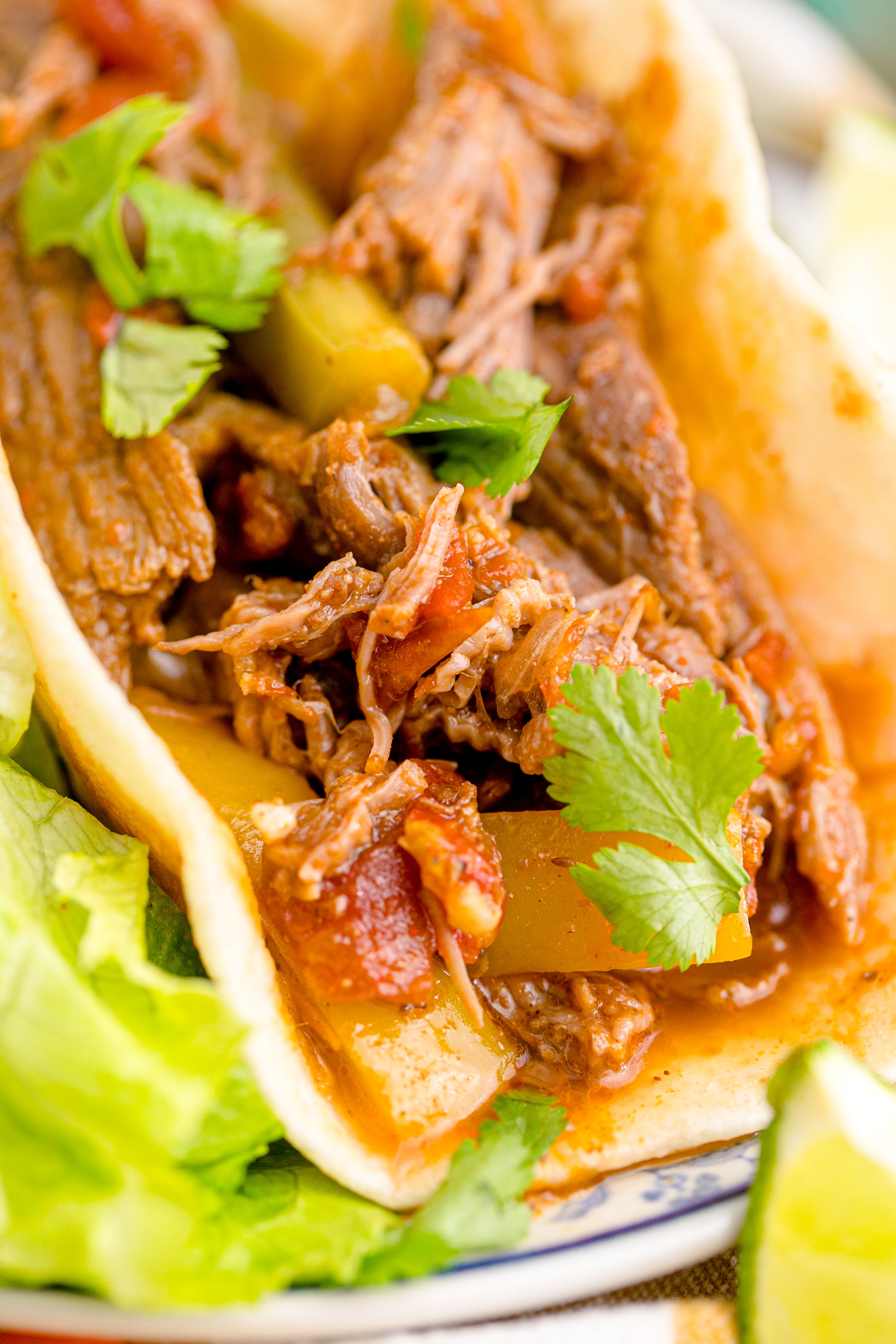 Steak Fajitas wrapped in a tortilla with lettuce piled next to it