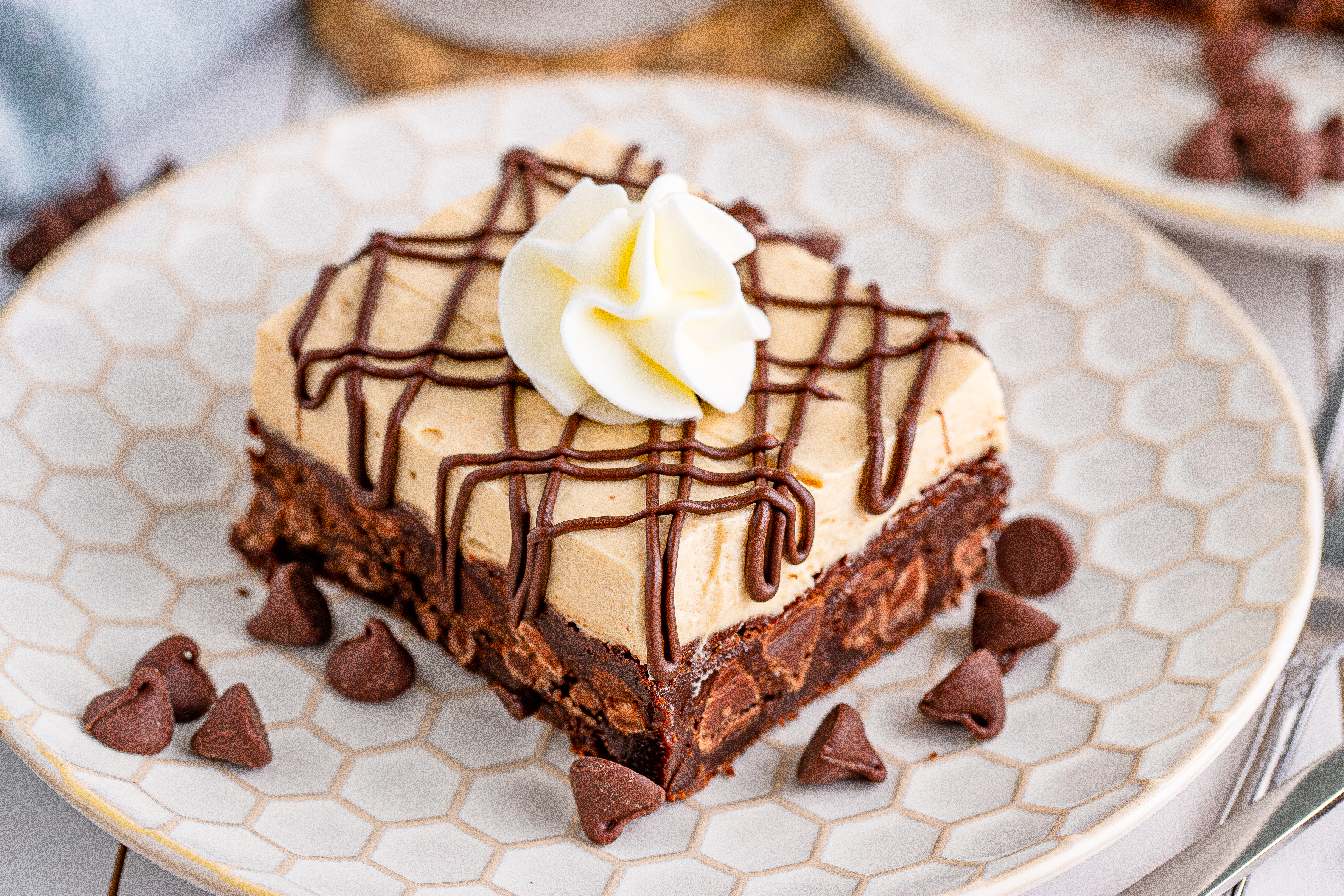 Peanut Butter Brownies on a white place drizzled with chocolate and topped with whipped cream