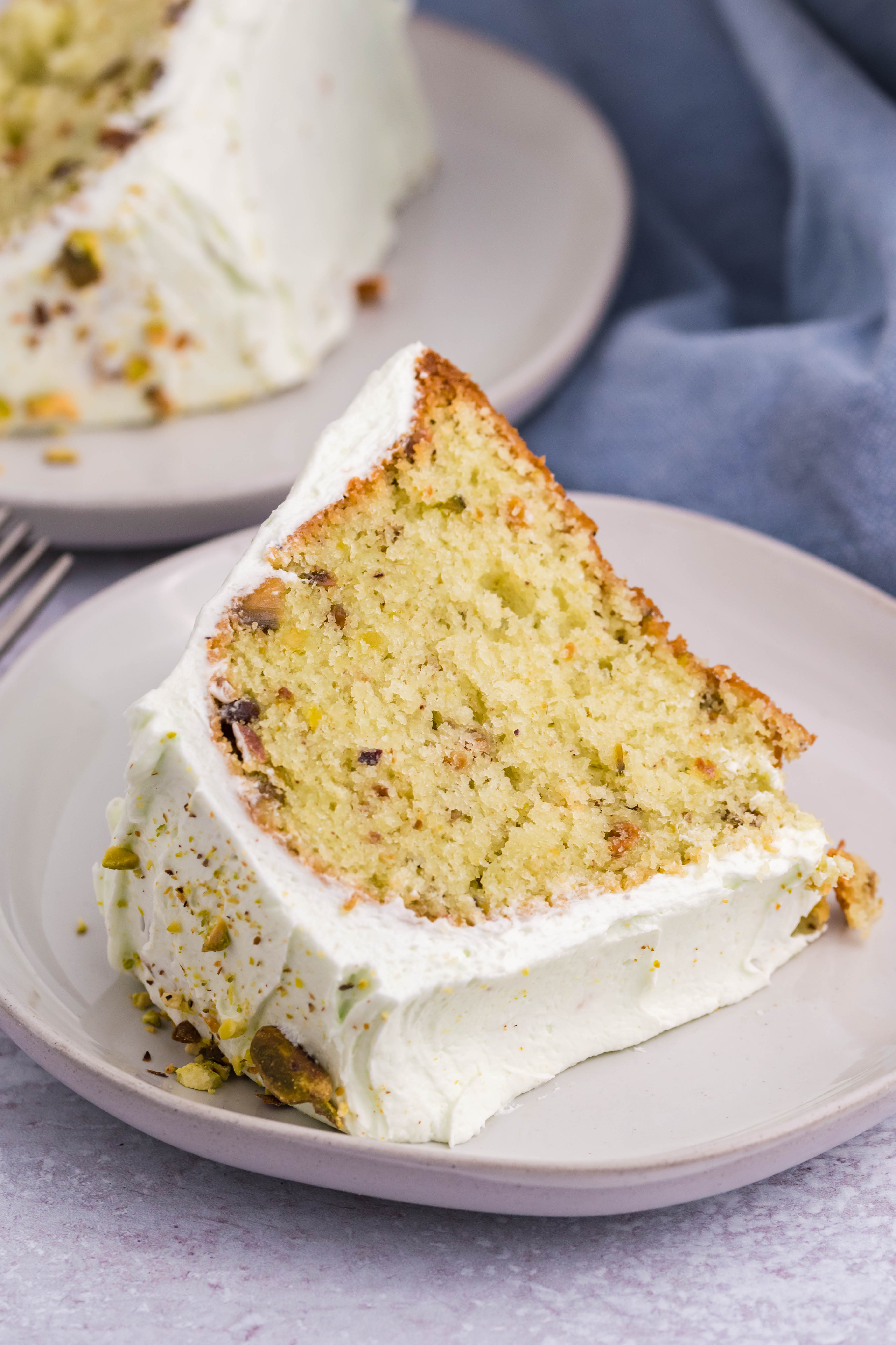 Pistachio Cake slice on a plate