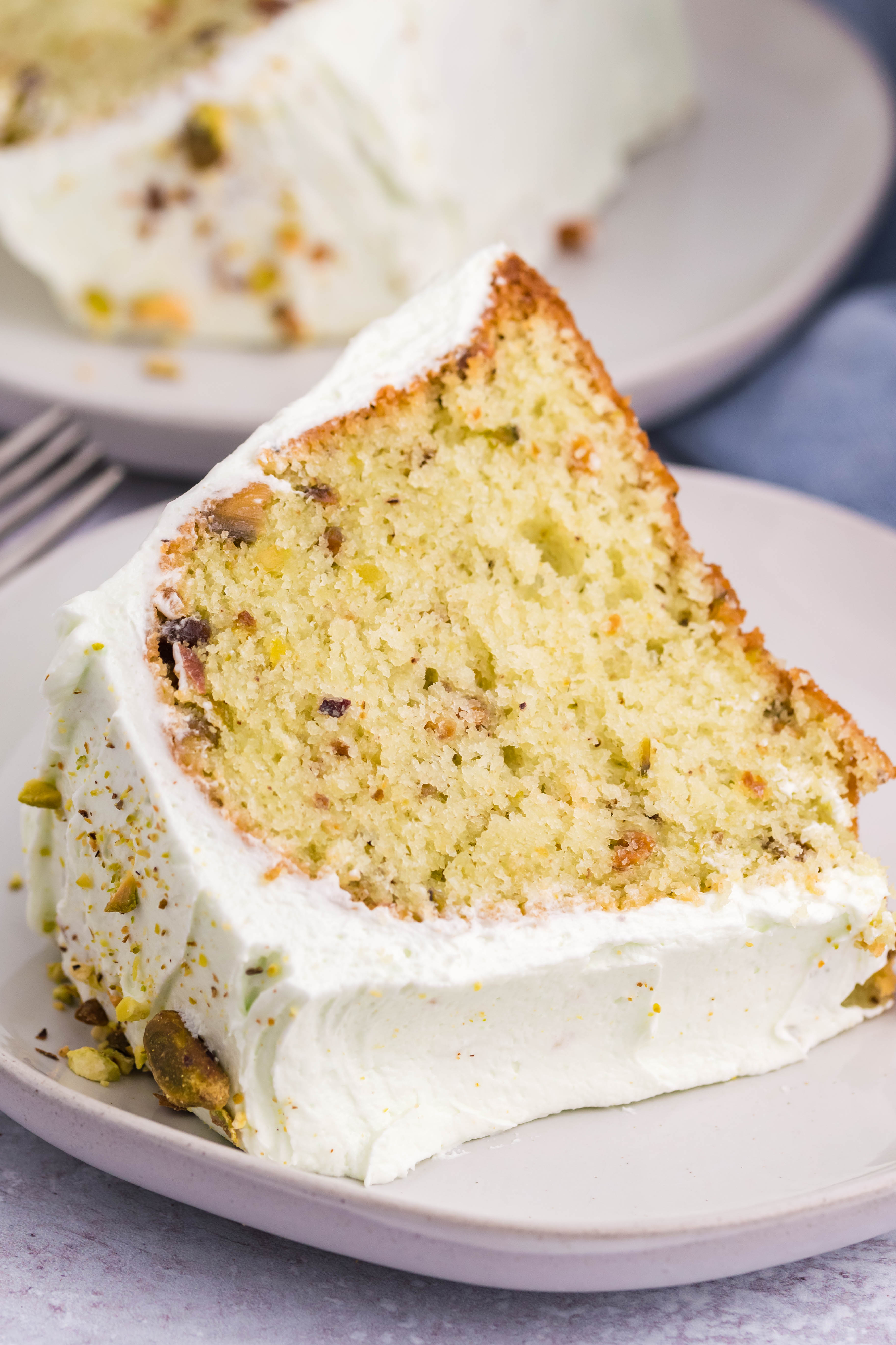Pistachio Cake slice on a plate