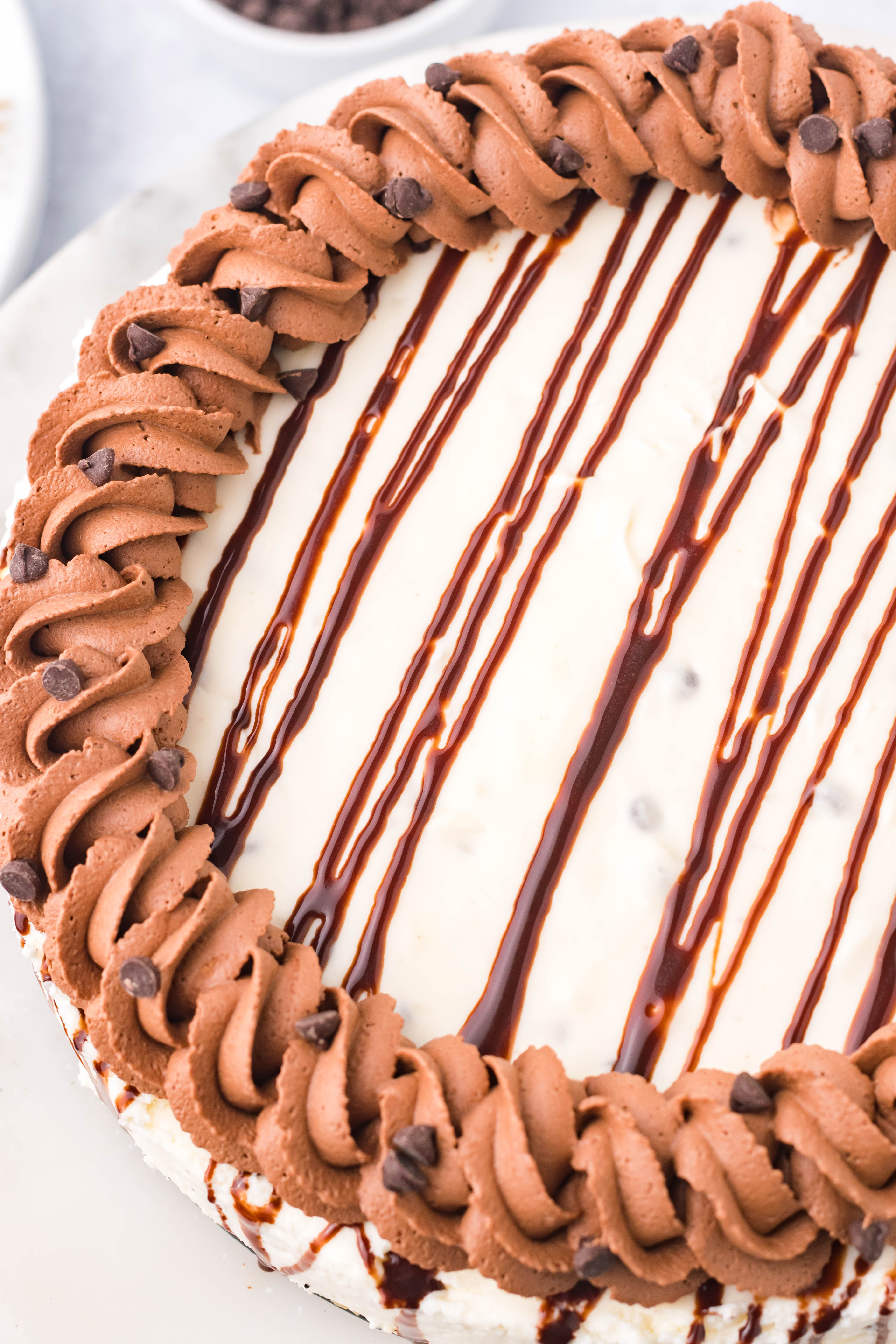 Chocolate Chip Cheesecake on a cake stand overhead shot