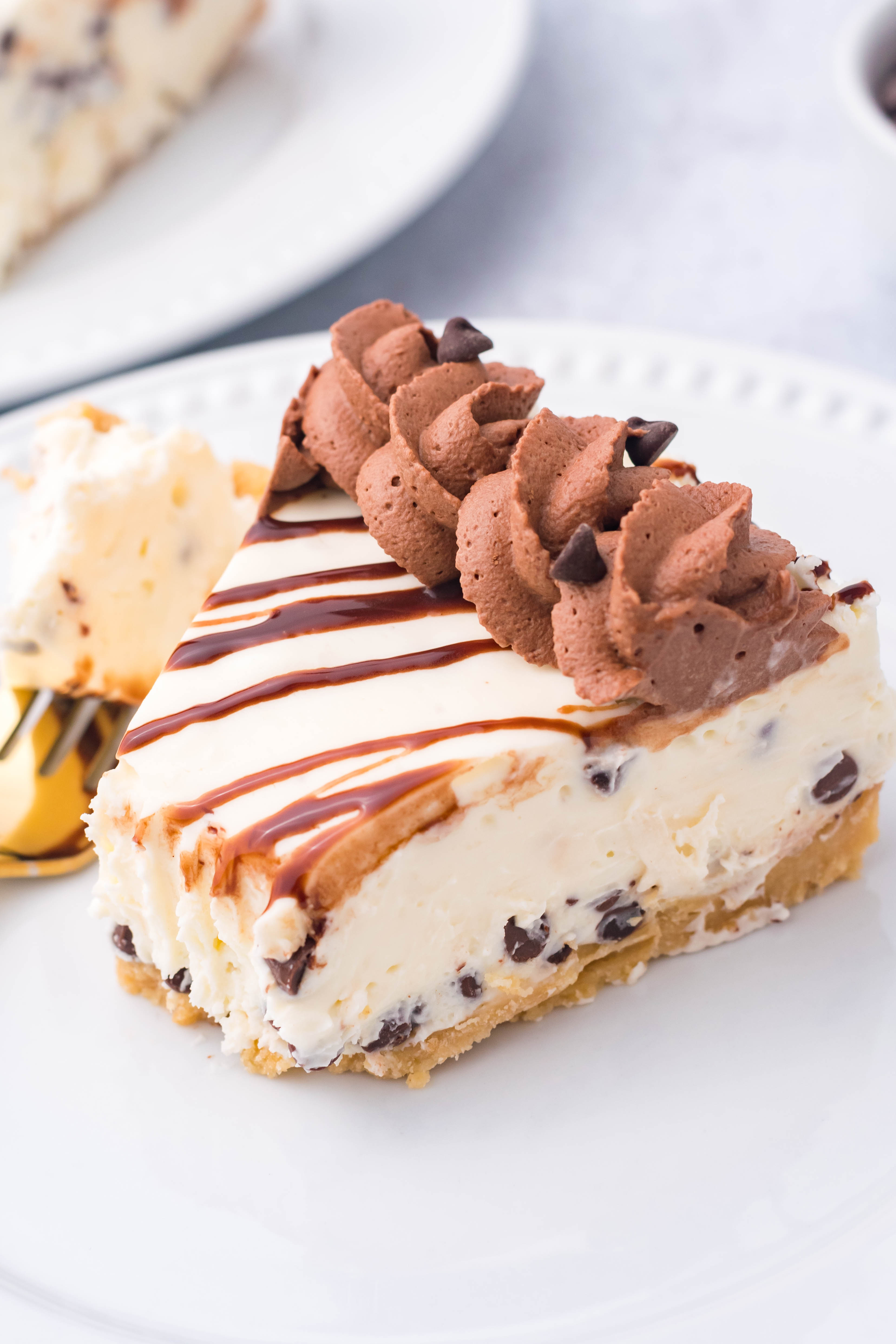 Chocolate Chip Cheesecake on a white plate with a bite taken out overhead angle