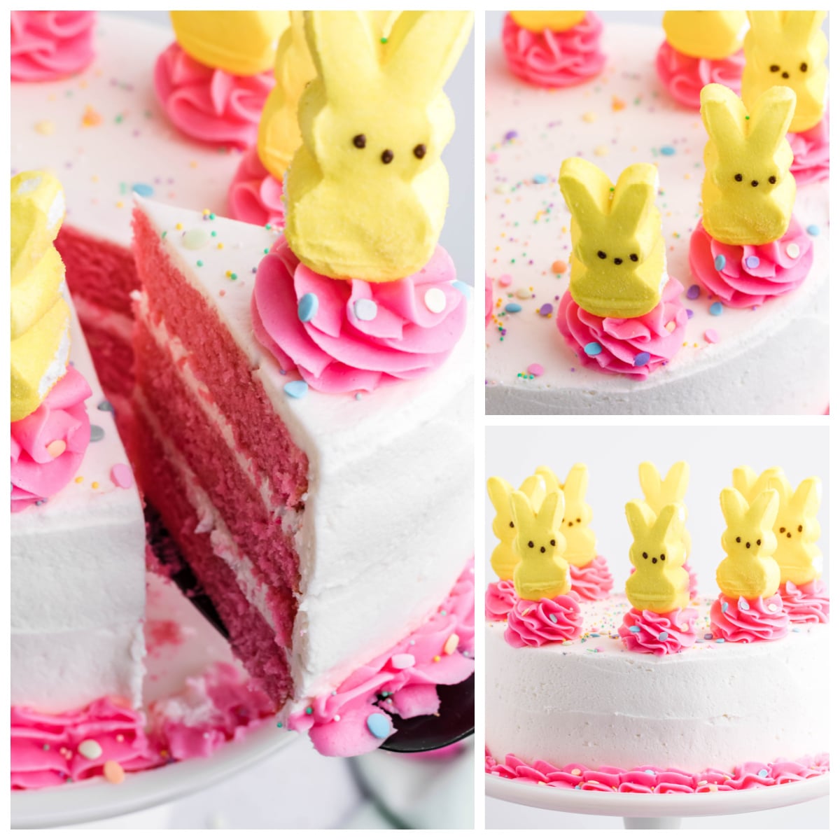 Pink Vanilla layered cake with white frosting and topped with yellow peeps for easter collage of three photos