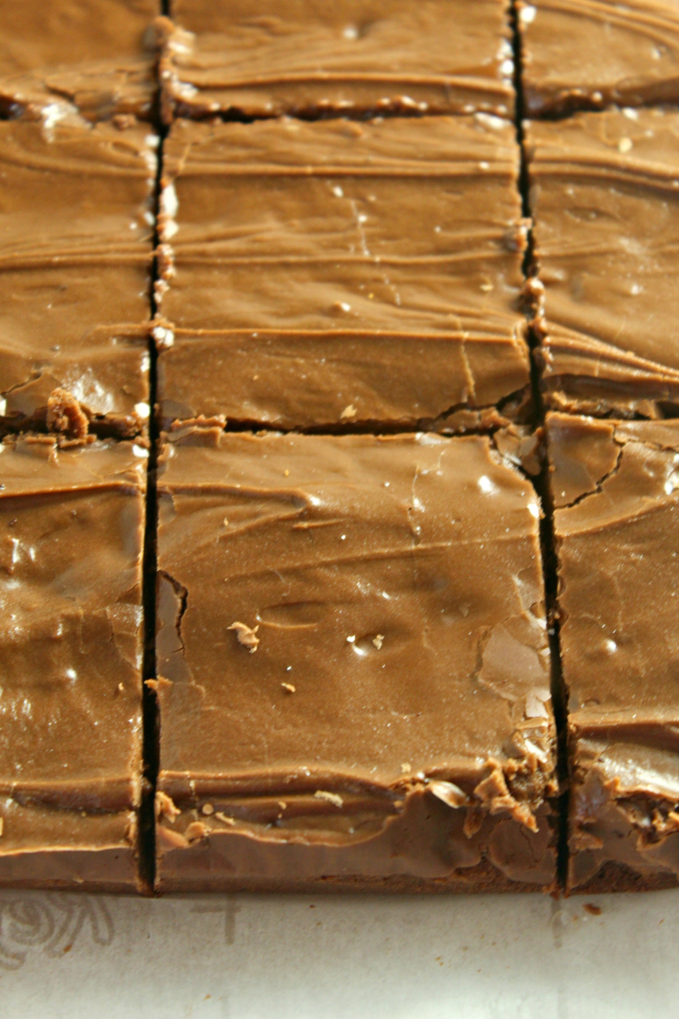 Homemade chocolate frosted lunch lady Brownies in a baking pan cut into squares
